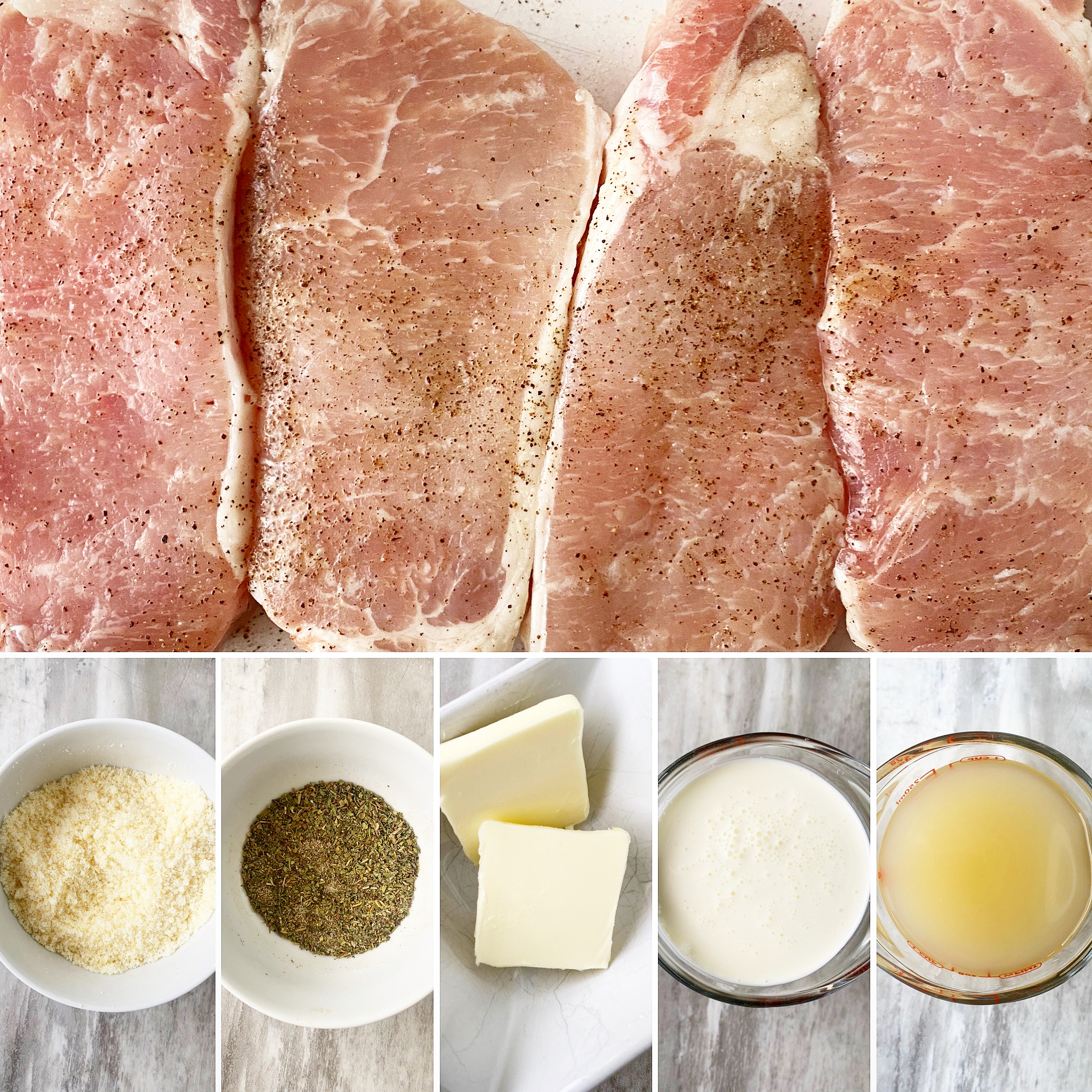 collage of ingredients for creamy pork chops