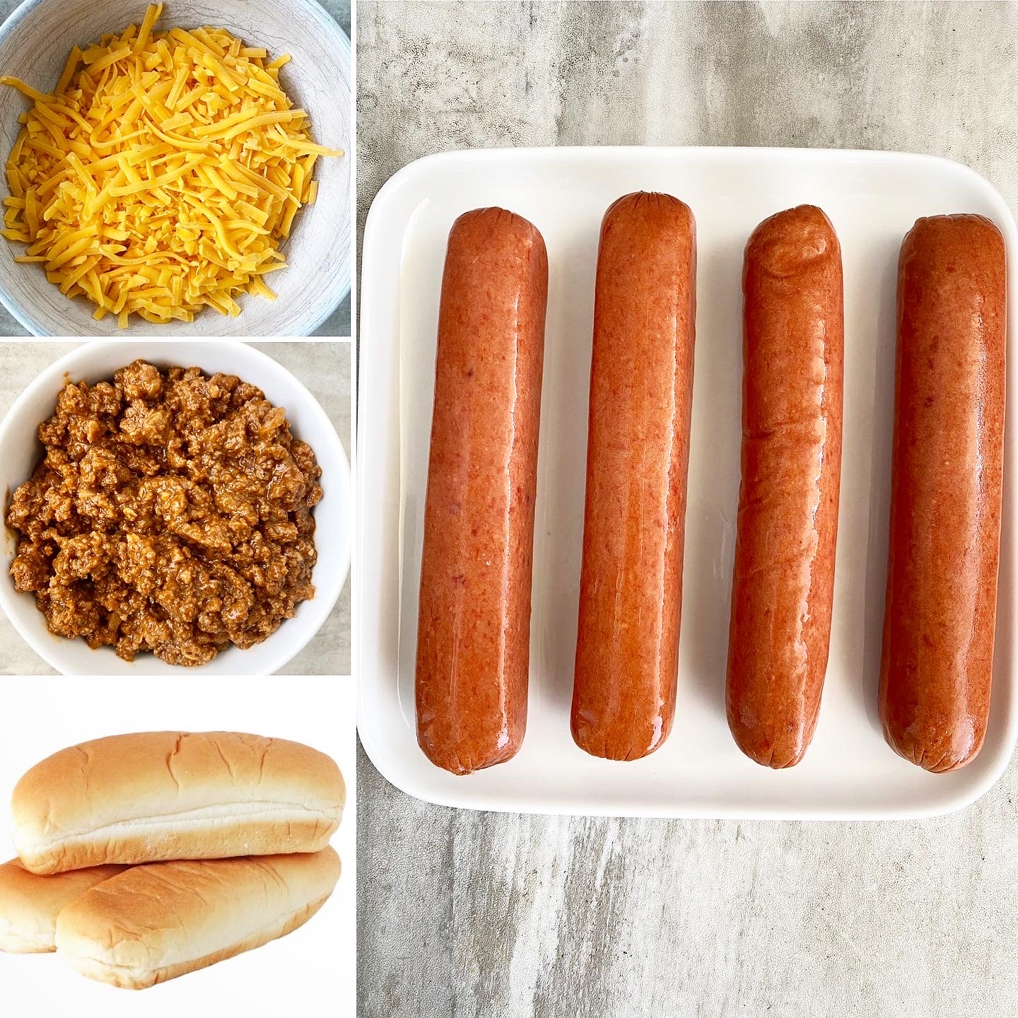 collage of ingredients for air fryer chili cheese dogs