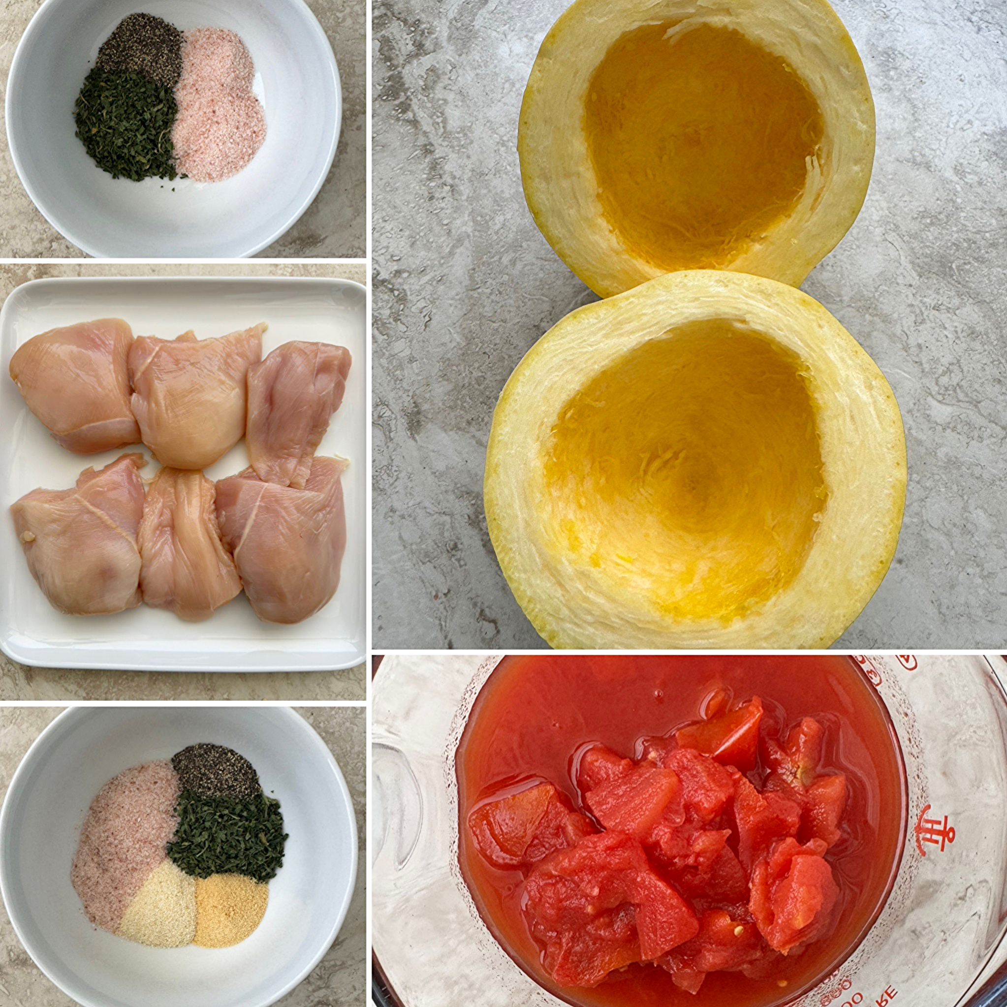 collage of ingredients for Crockpot Spaghetti Squash and Chicken 