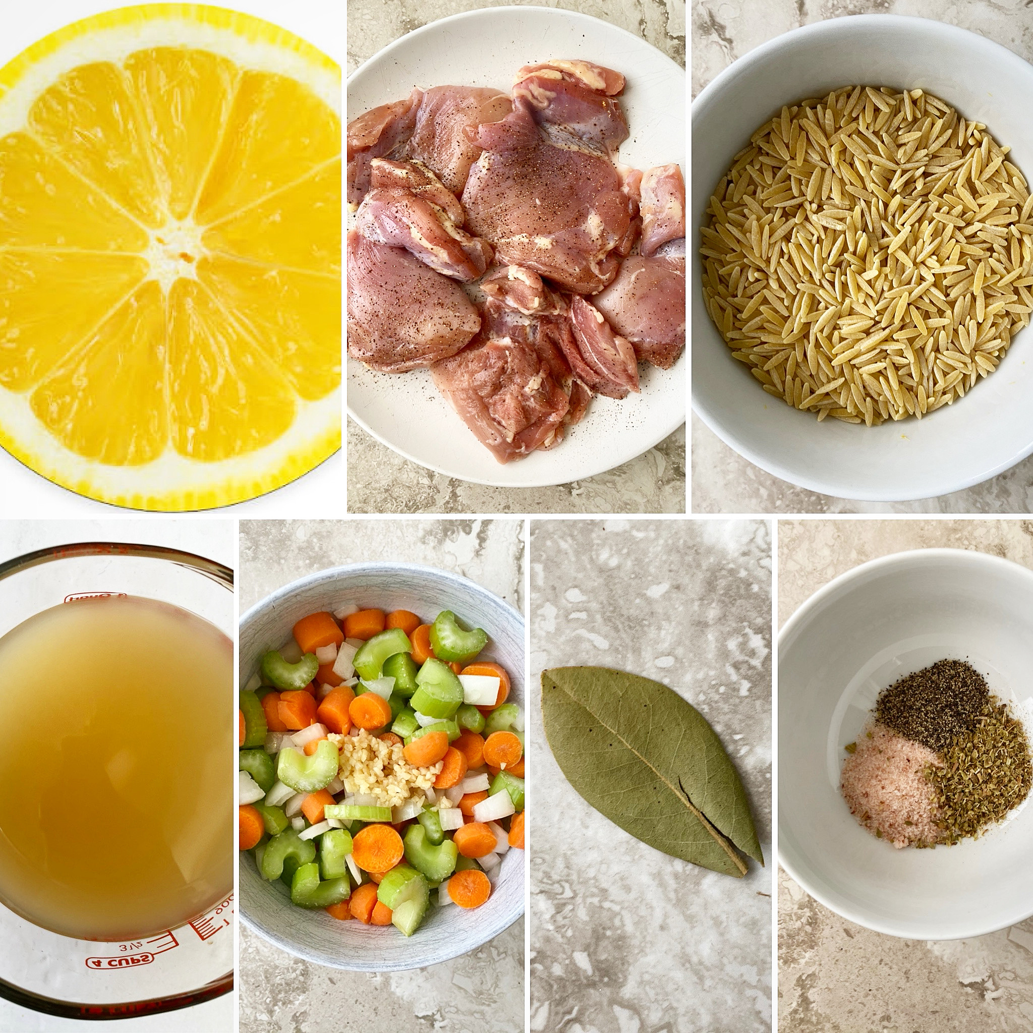 collage of ingredients for crockpot lemon Chicken Orzo Soup