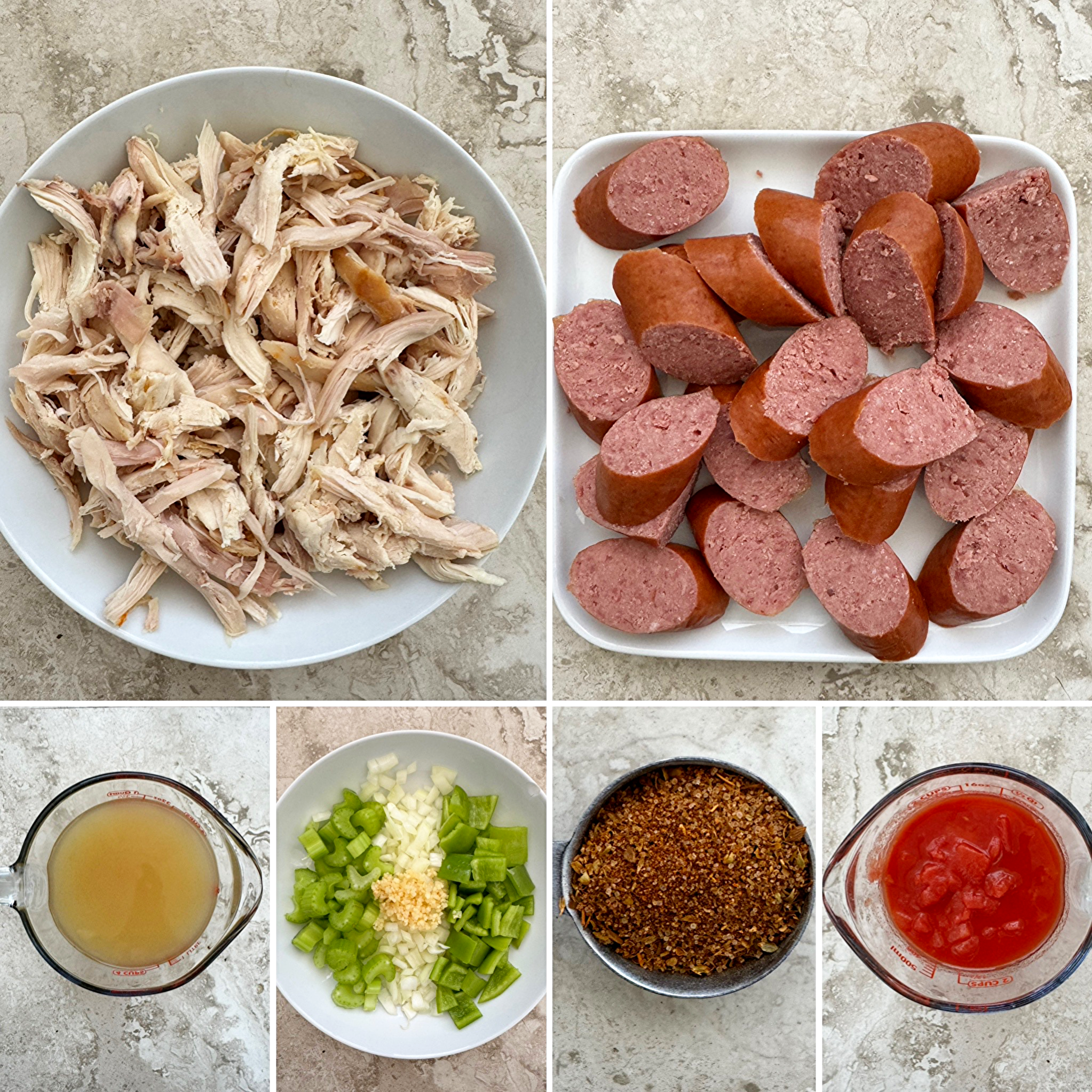 collage of ingredients for Crockpot Cajun Turkey Sausage Soup