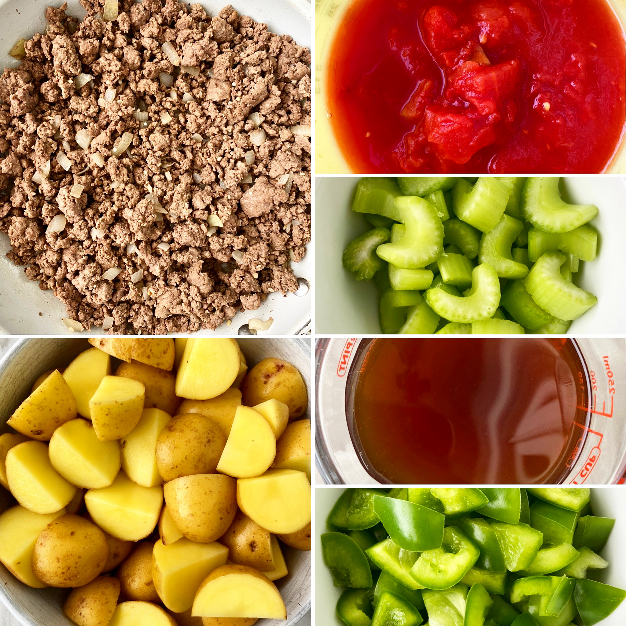 collage of ingredients for hamburger stew