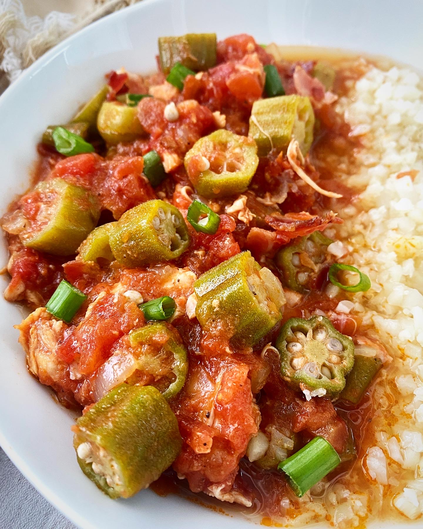 side view close up okra & tomatoes with chicken with cauliflower rice in a white bowl