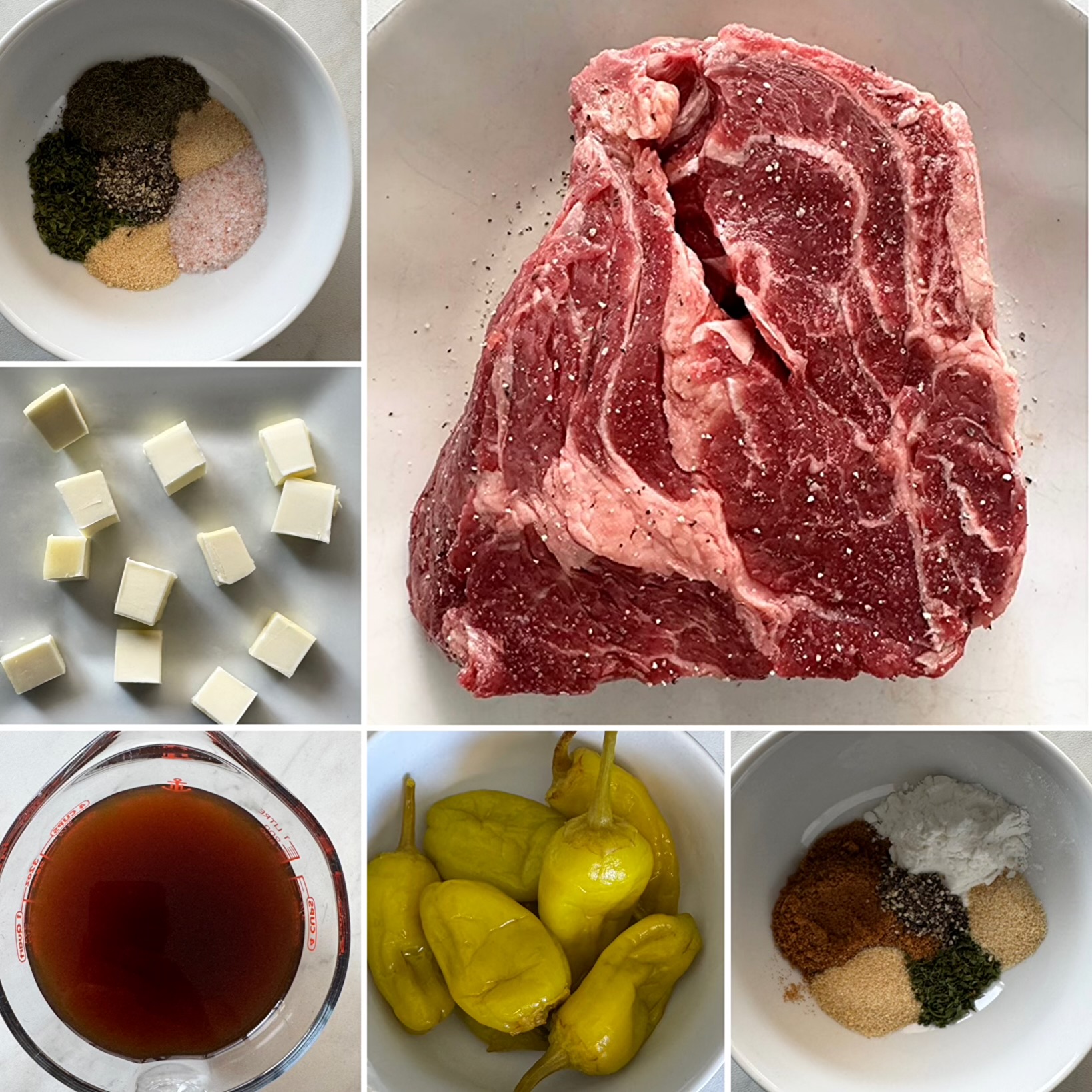 collage of ingredients for slow cooker Mississippi beef