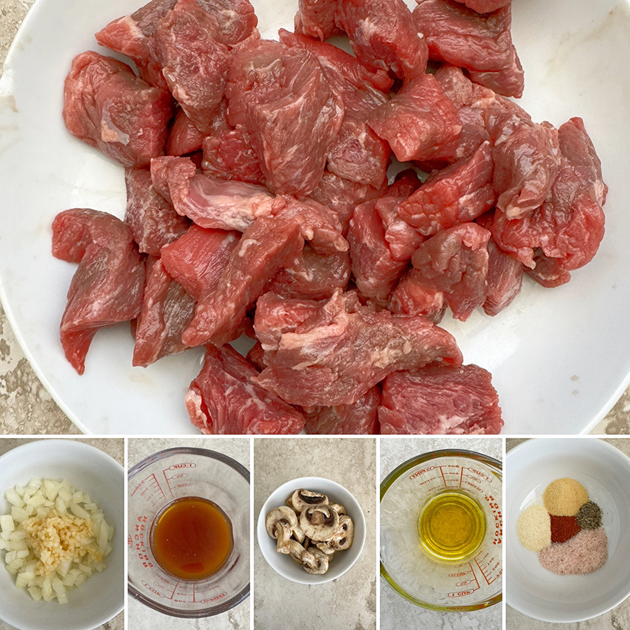 collage of ingredients for garlic butter steak bites (2)