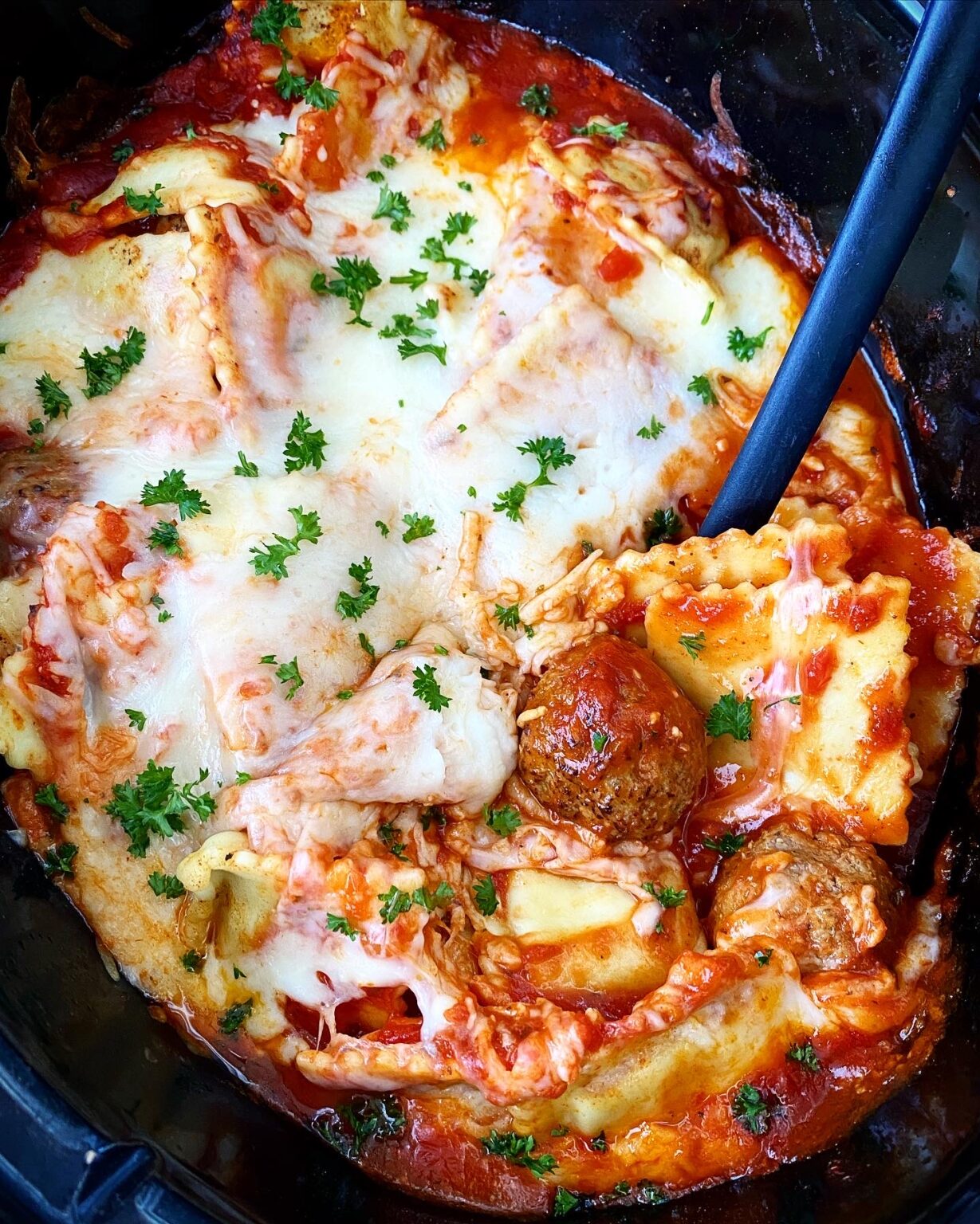 Crockpot Ravioli Meatball Casserole - Fit Slow Cooker Queen