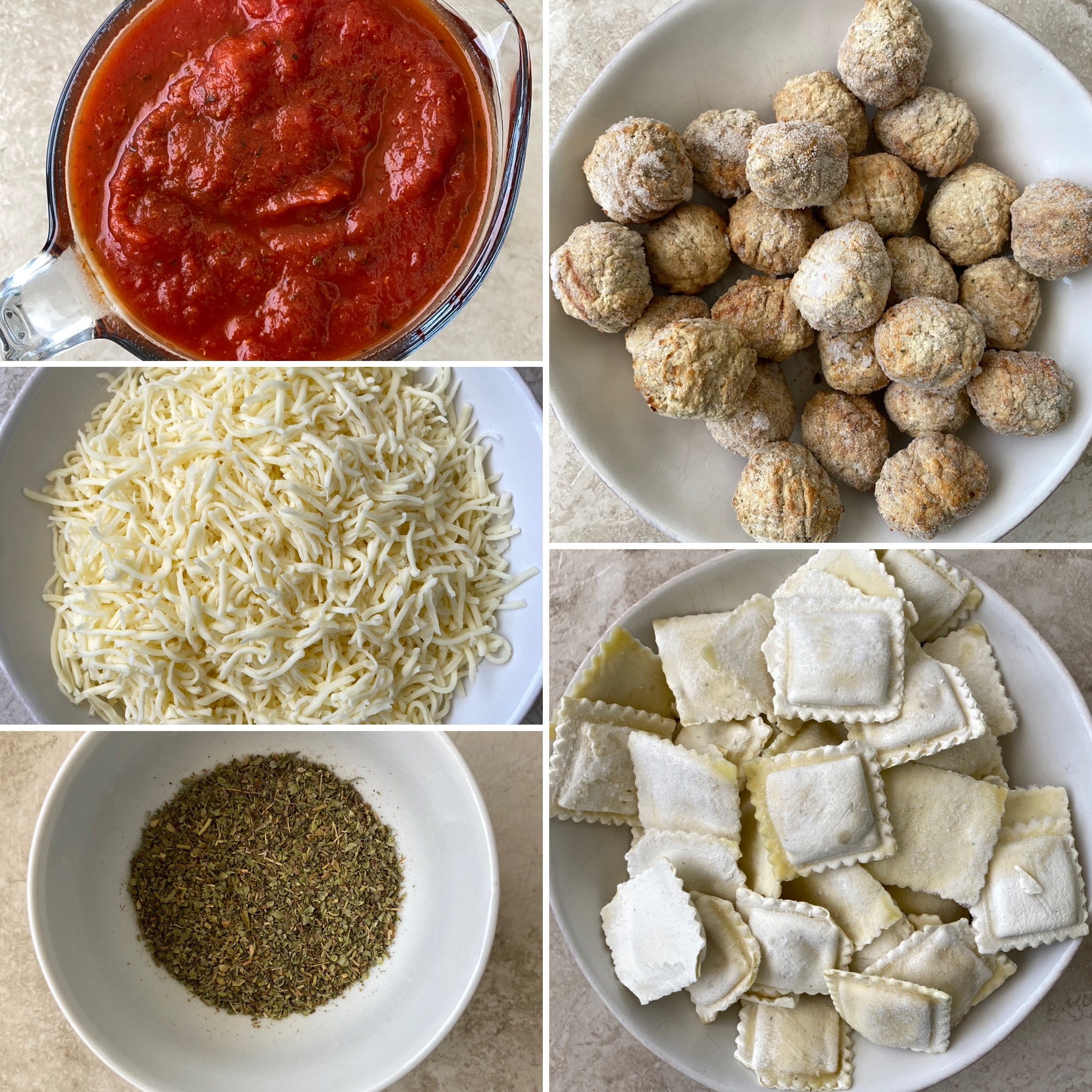 collage of ingredients for slow cooker ravioli meatball casserole