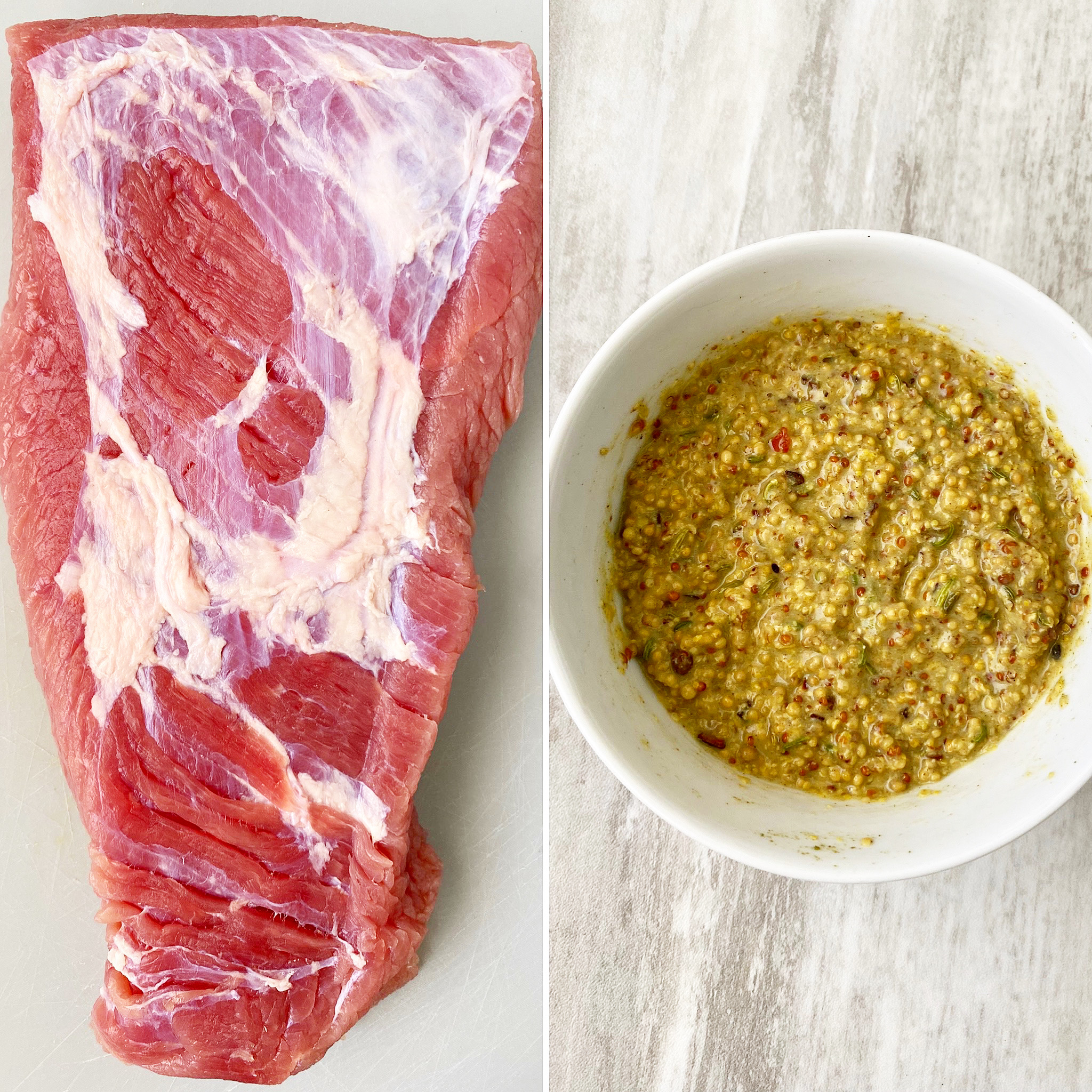 collage of brisket & sauce side by side