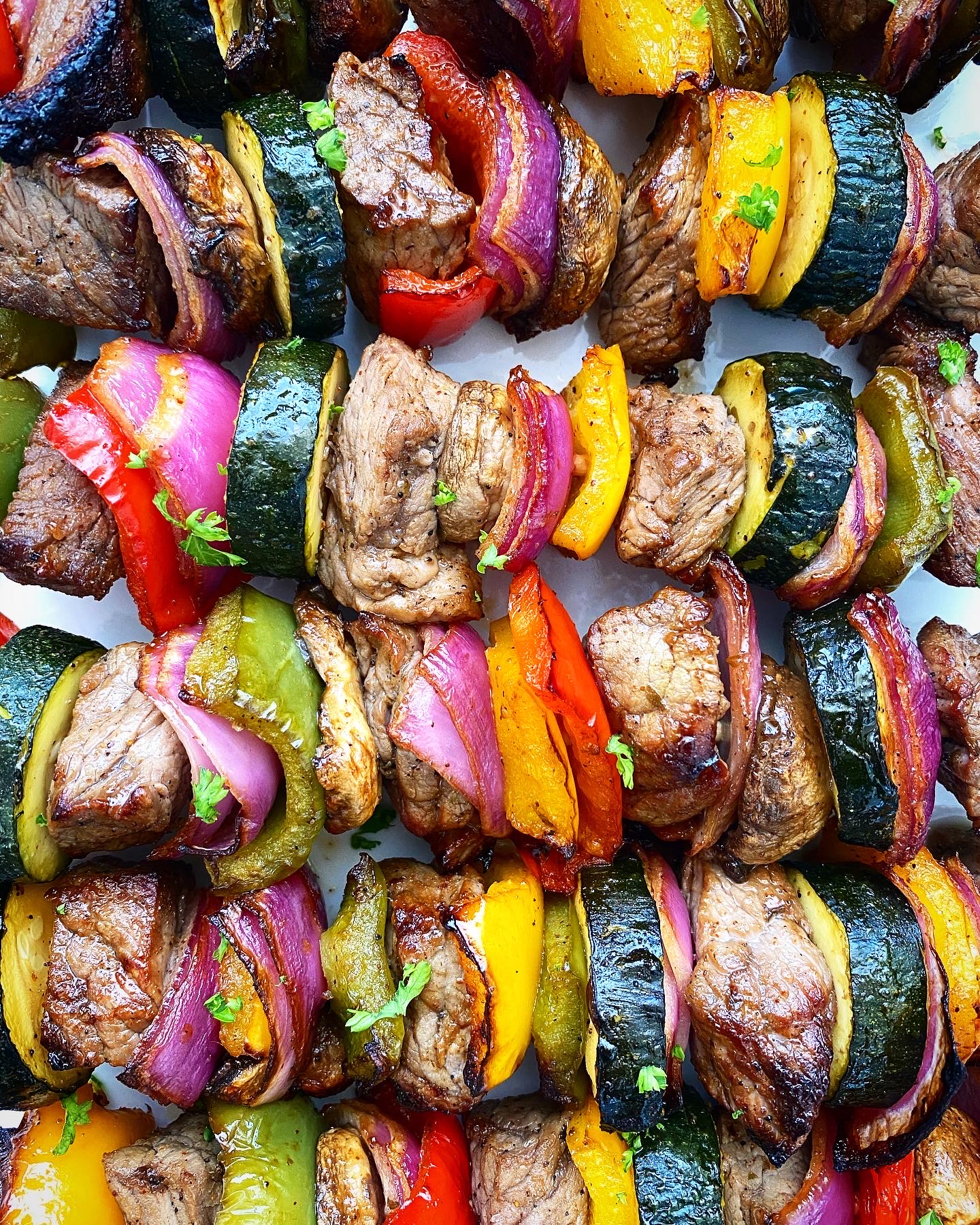 close up of cooked Creole beef kebabs 