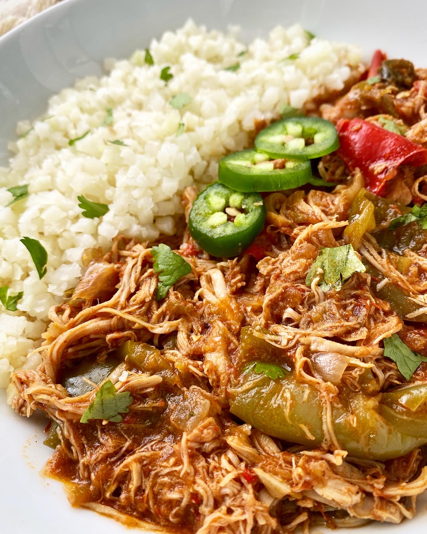 close up, side view shot of cooked, shredded spicy salsa chicken in a white bowl with cauliflower rice