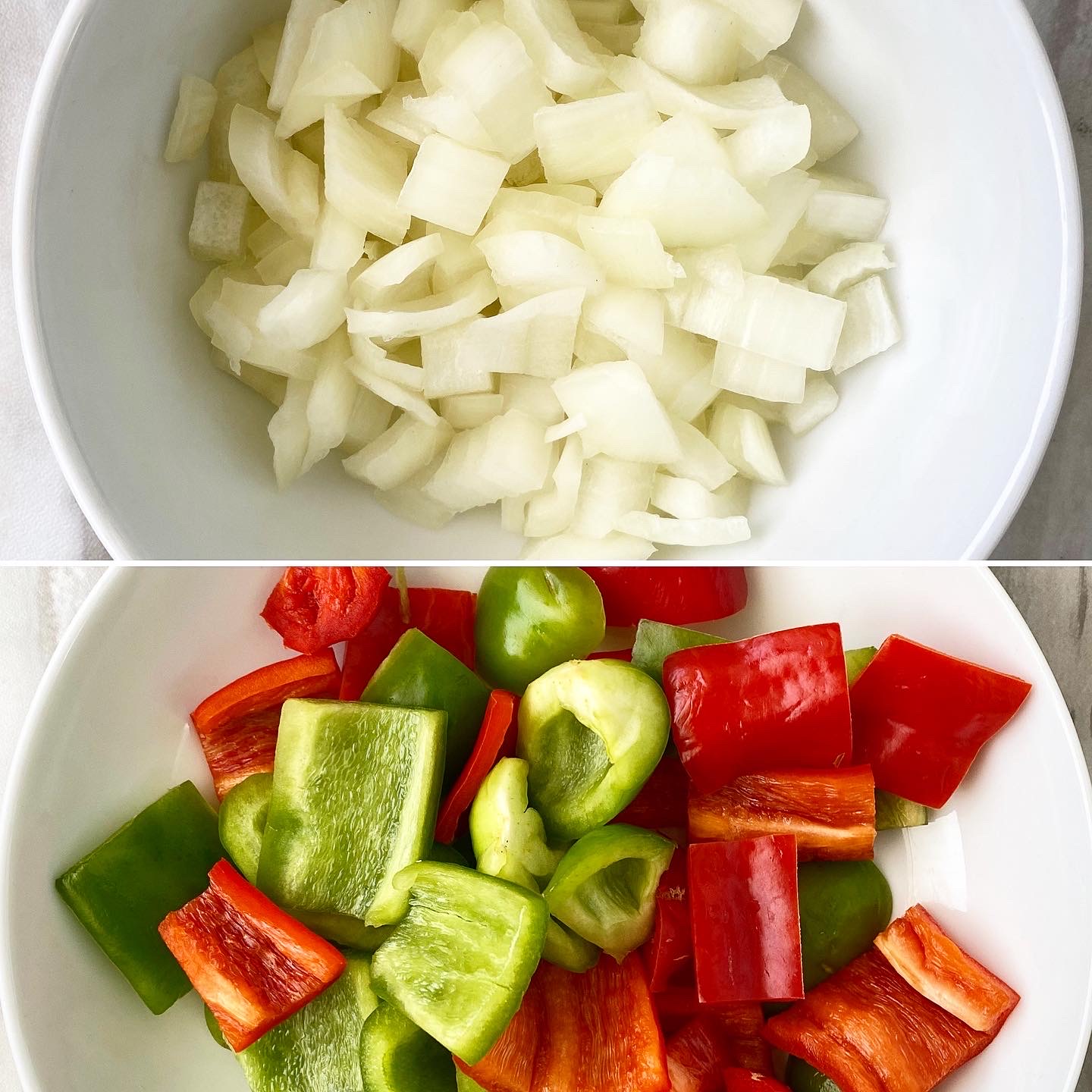 collage of white onions in a white bowl and red & green bell peppers in a white bowl