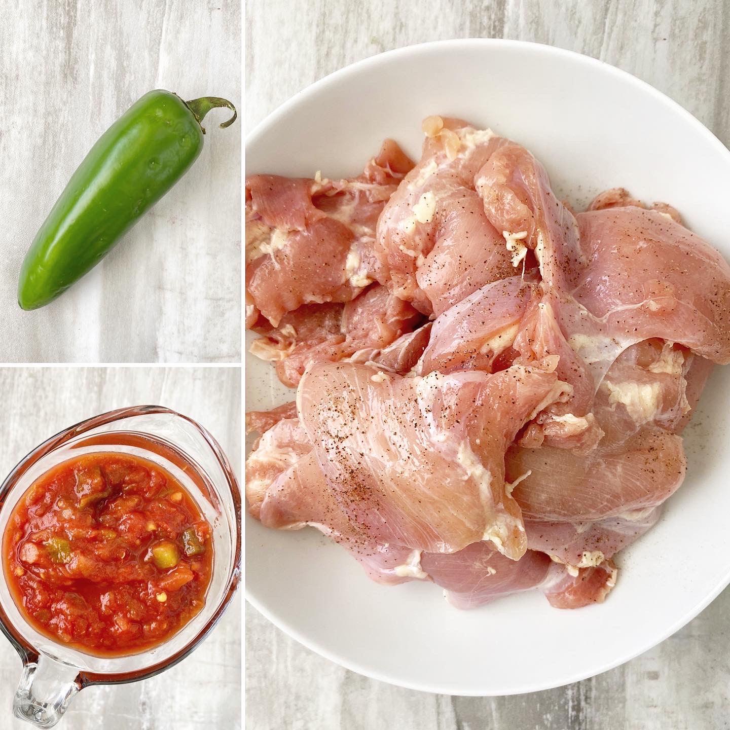 collage of raw chicken thighs, jalapeno pepper, and salsa
