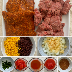 collage of ingredients for crockpot beef chorizo chii