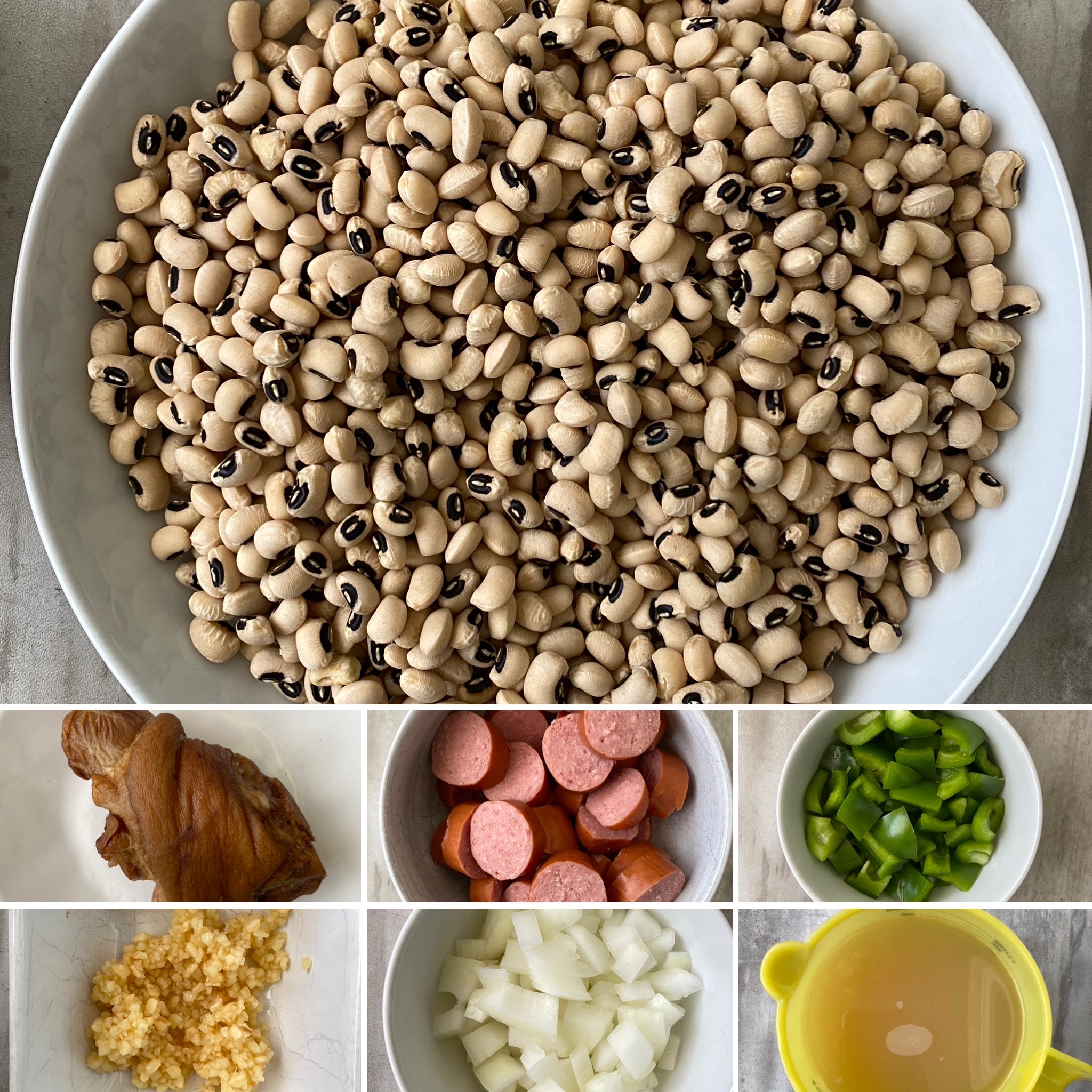 collage of ingredients for crockpot hoppin' john