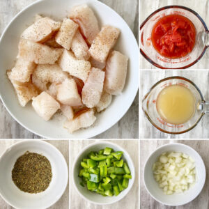 collage of ingredients for Mediterranean Fish Stew