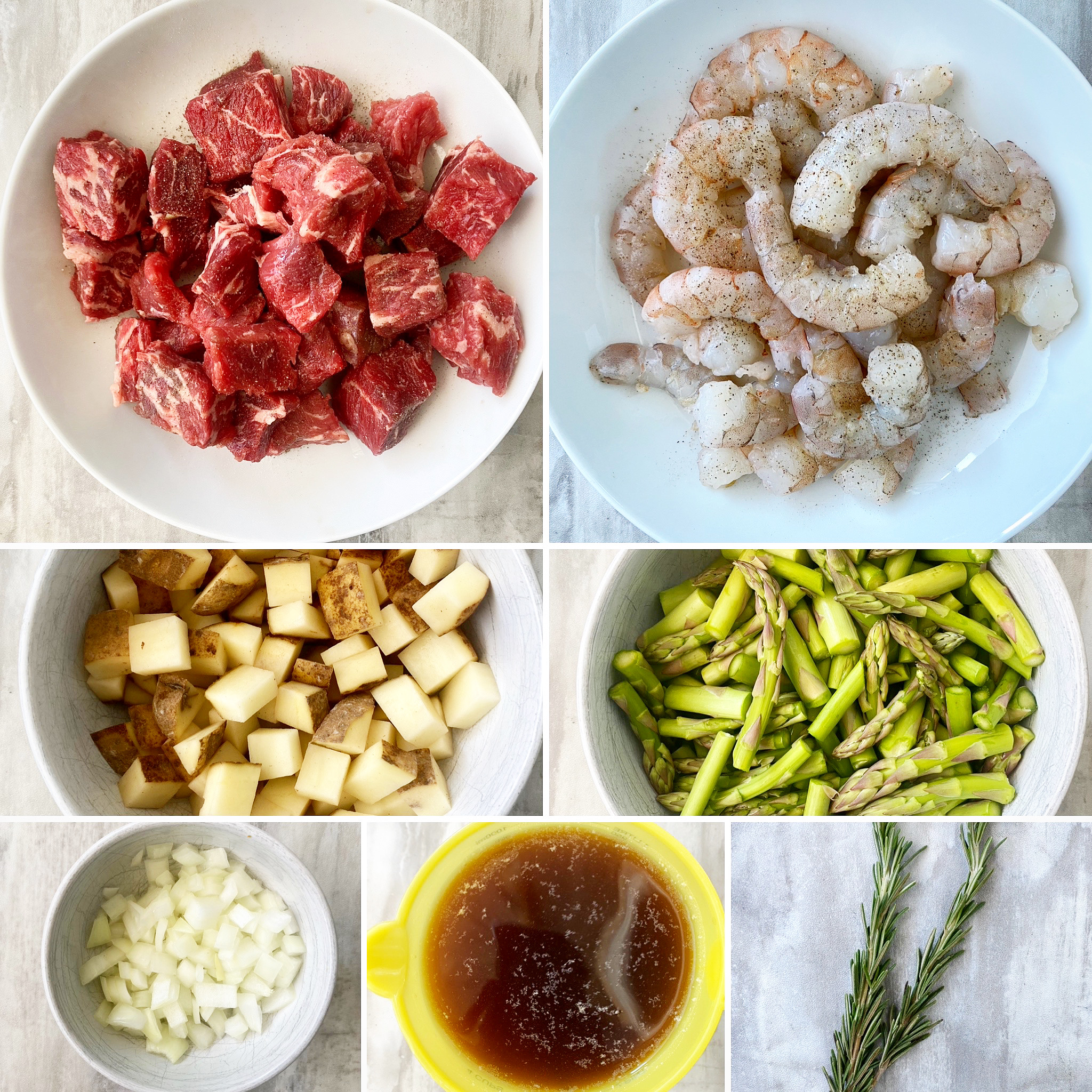 collage of ingredients for crockpot surf and turf soup