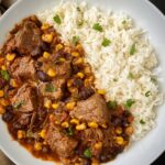 overhead shot of salsa beef stew in a white bowl served with white rice garnished with cilantro
