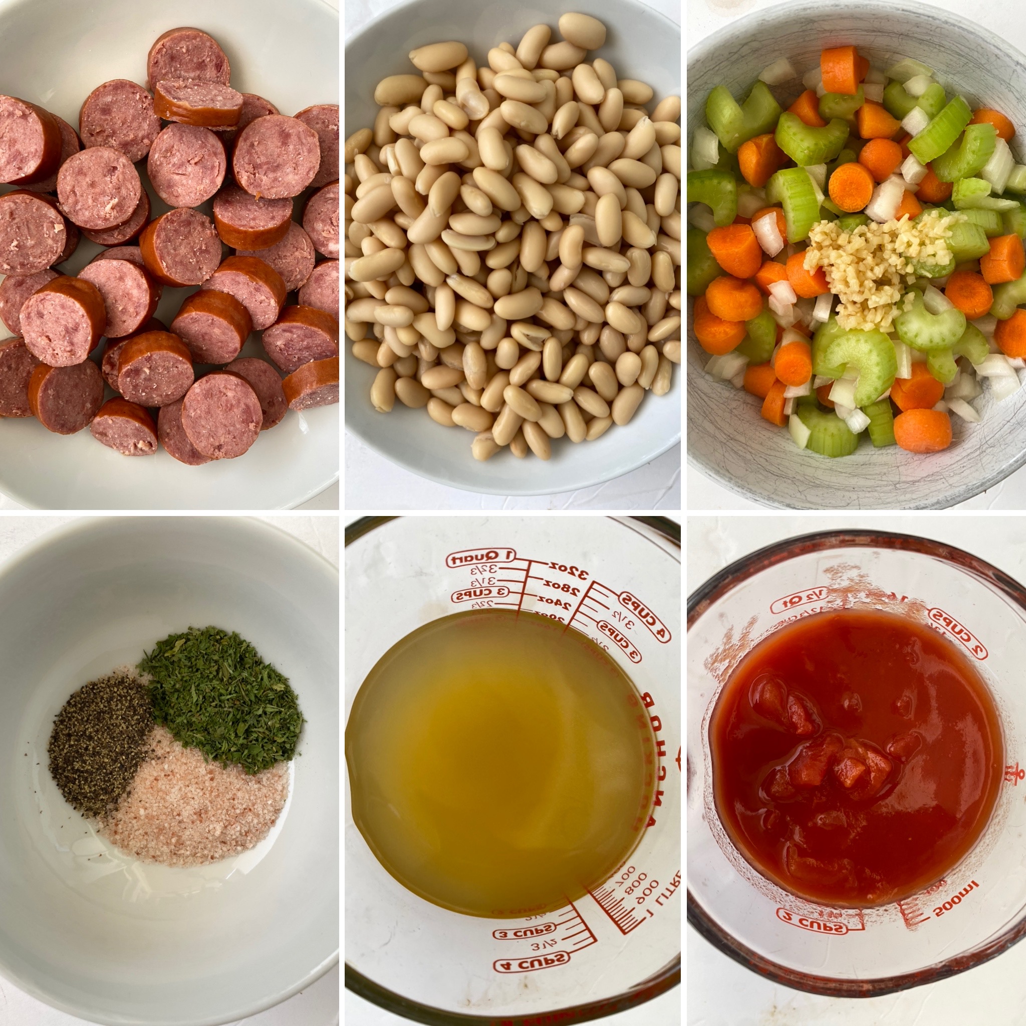 collage of ingredients for overhead shot of Crockpot Sausage Bean Veggie Soup