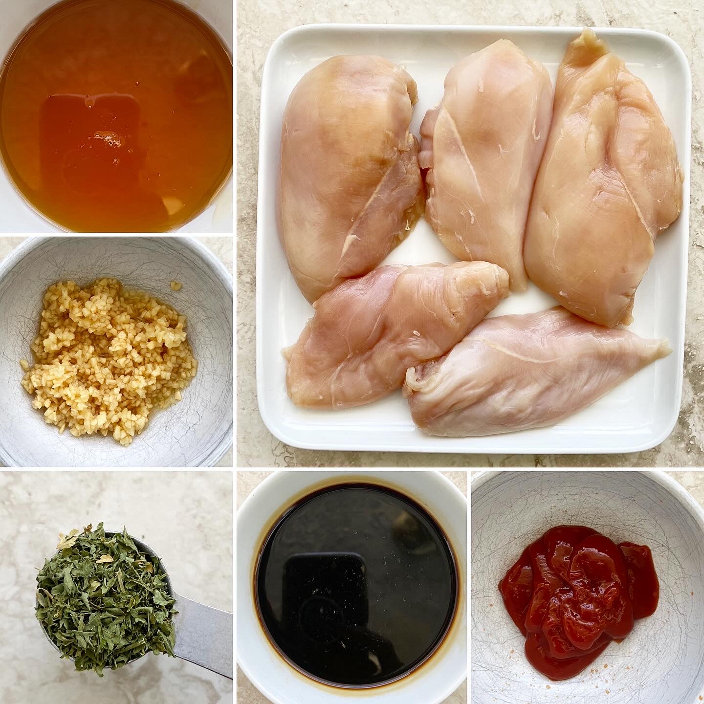 collage of ingredients for slow cooker honey garlic chicken (