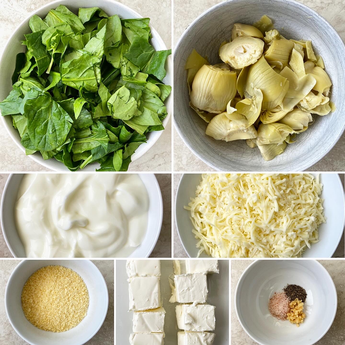 collage of ingredients for Crockpot Spinach Artichoke Dip