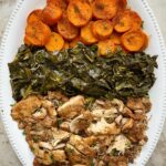 overhead shot of slow cooker soul food dinner on a white platter