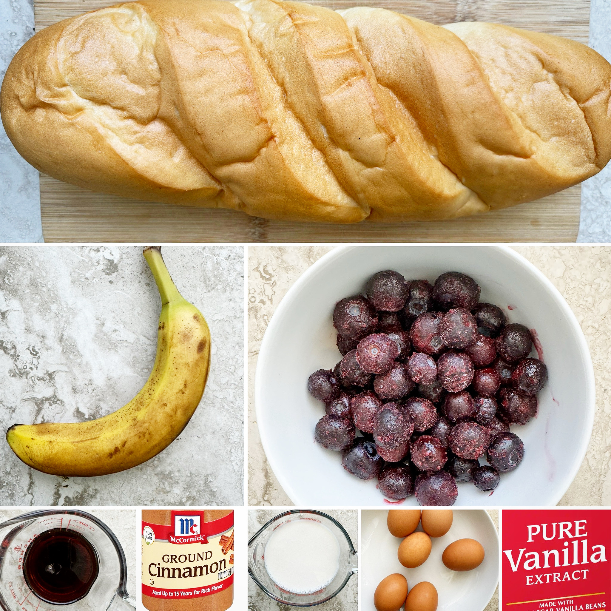 collage of ingredients for slow cooker banana blueberry french toast