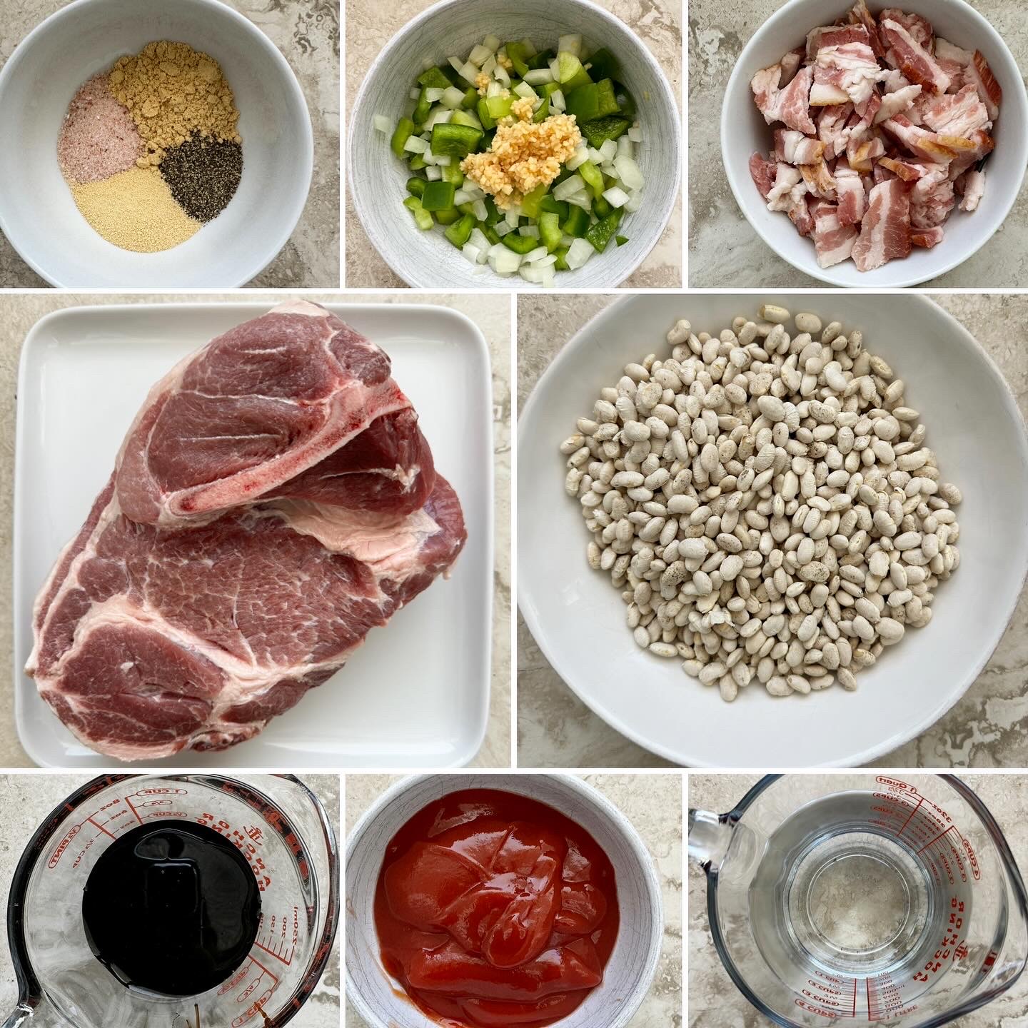 collage of ingredients for slow cooker pork and beans 
