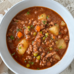 overhead shot of poor mans stew in a white bowl