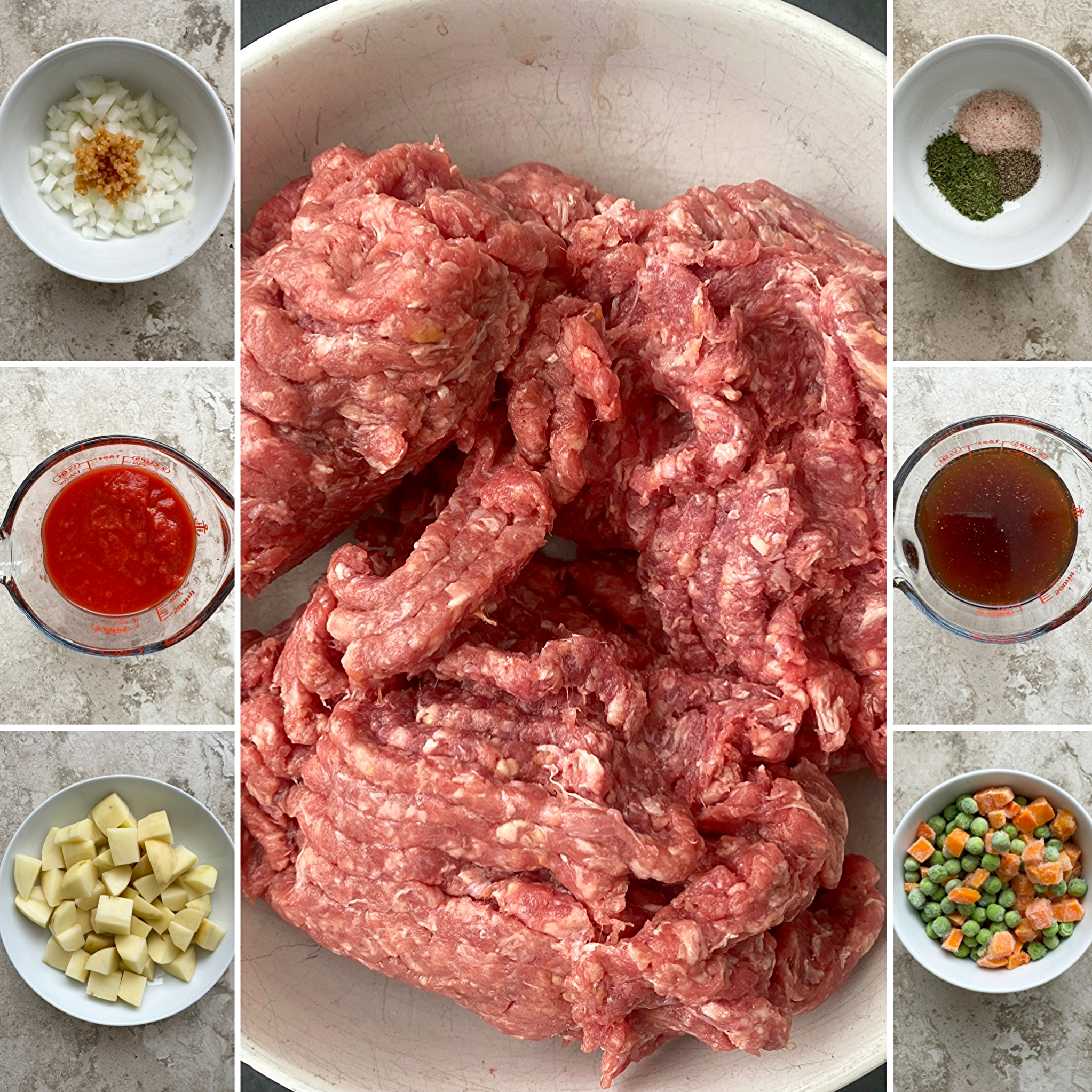 collage of ingredients for slow cooker poor mans stew