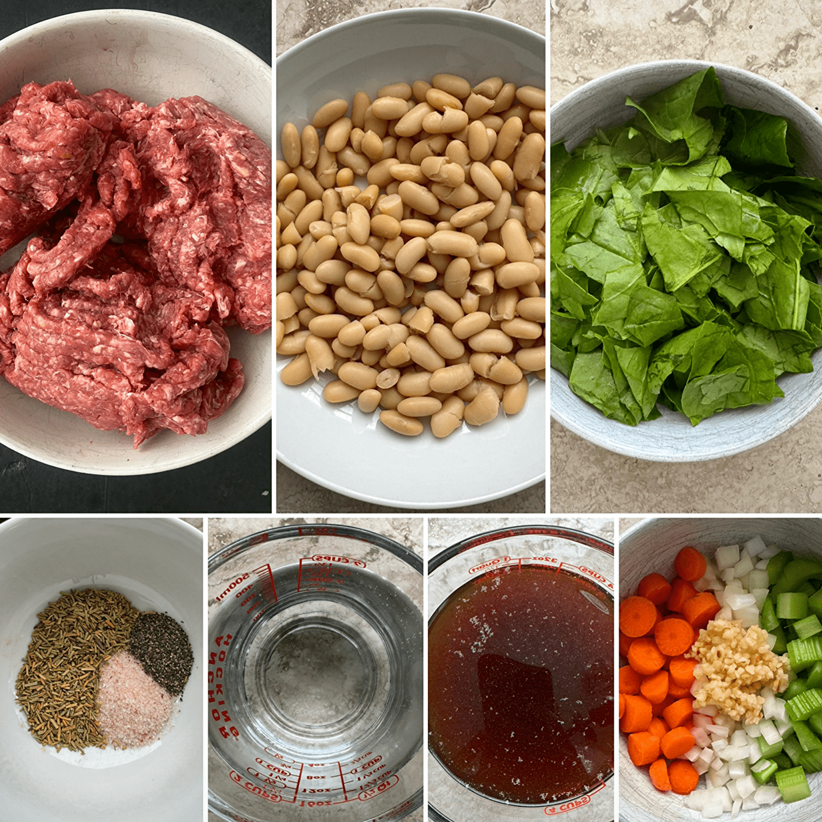 collage of ingredients for beef bean spinach soup