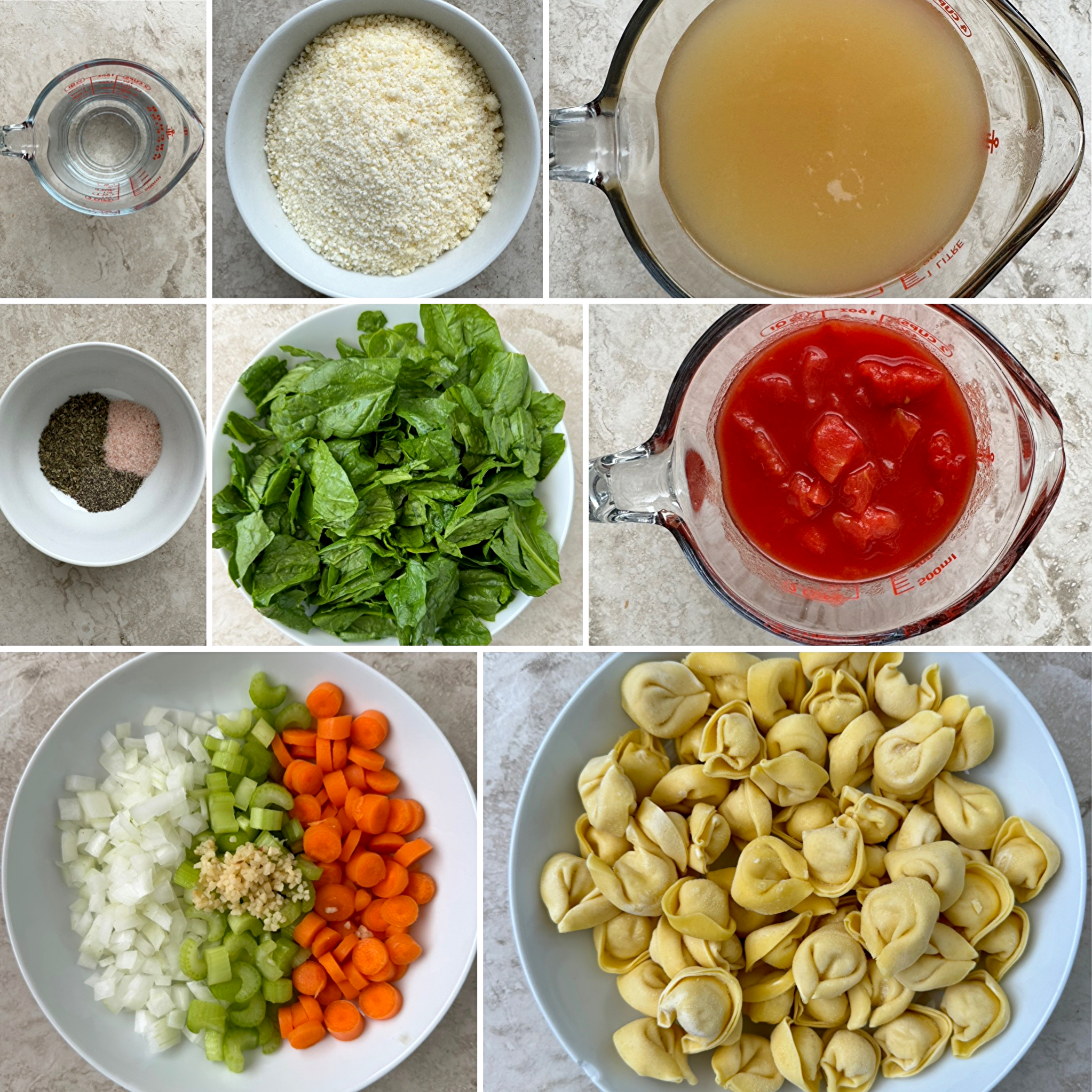 collage of ingredients for slow cooker vegetable tortellini soup 