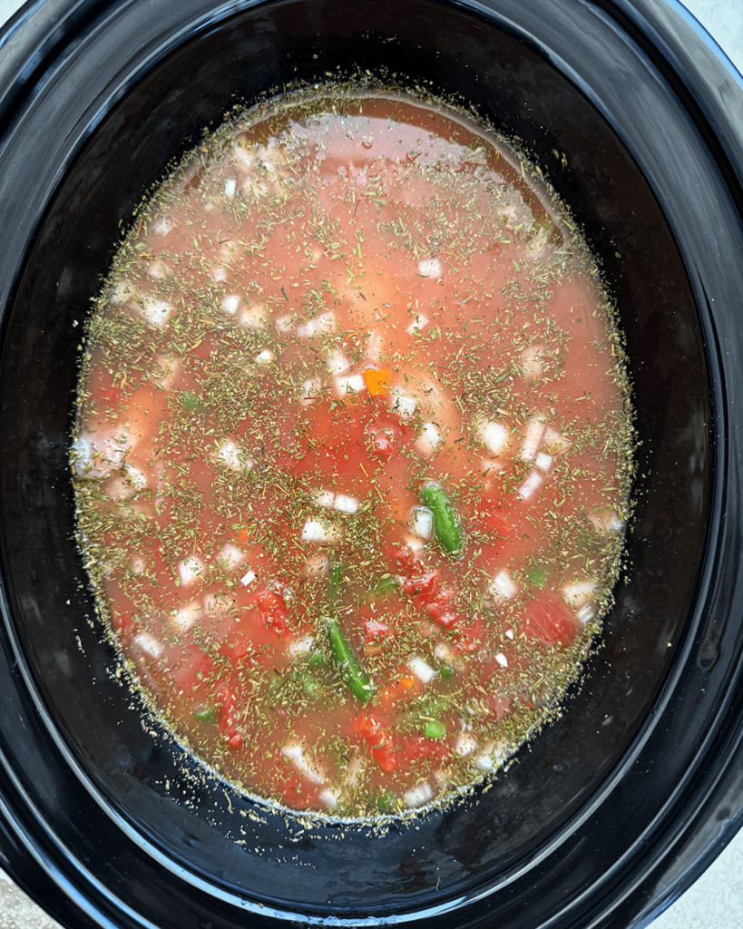 overhead shot of uncooked Crockpot Chicken Vegetable Soup