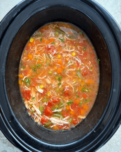 overhead shot of cooked Crockpot Chicken Vegetable Soup