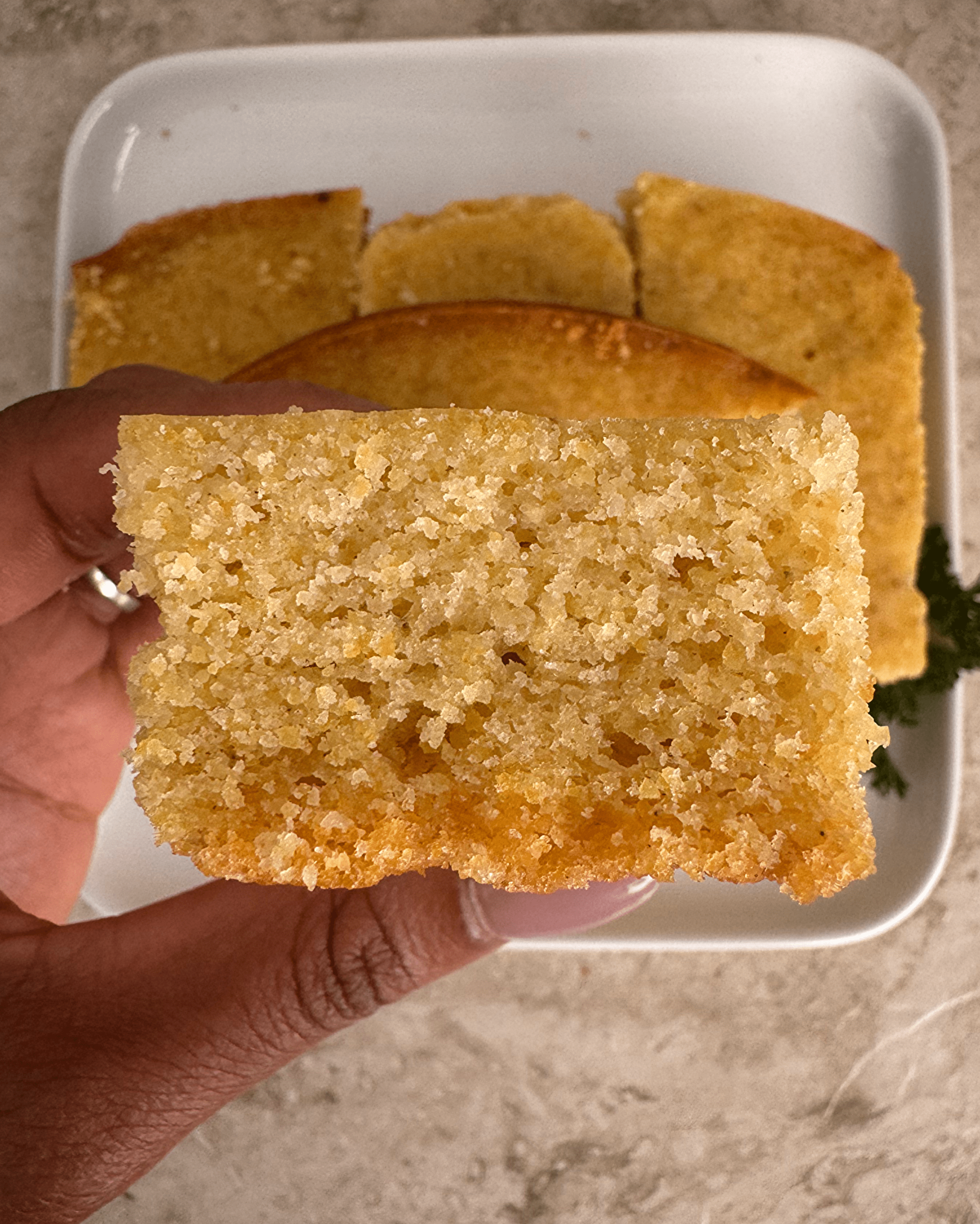 close up of a piece of cornbread 