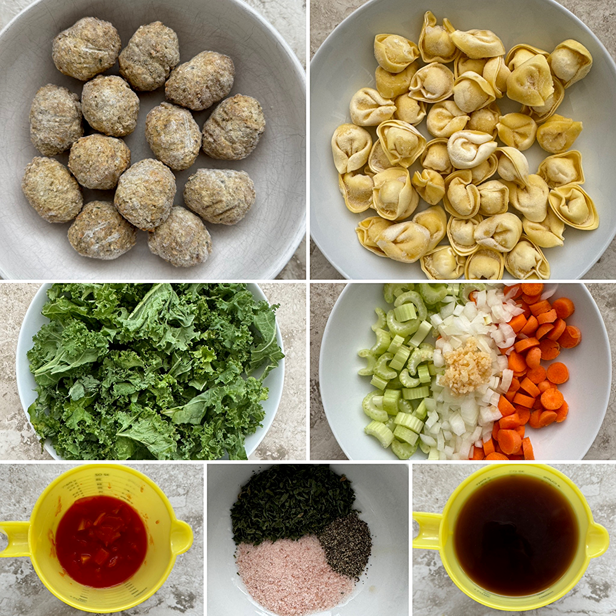 collage of ingredients for Slow Cooker Meatball Tortellini Soup 