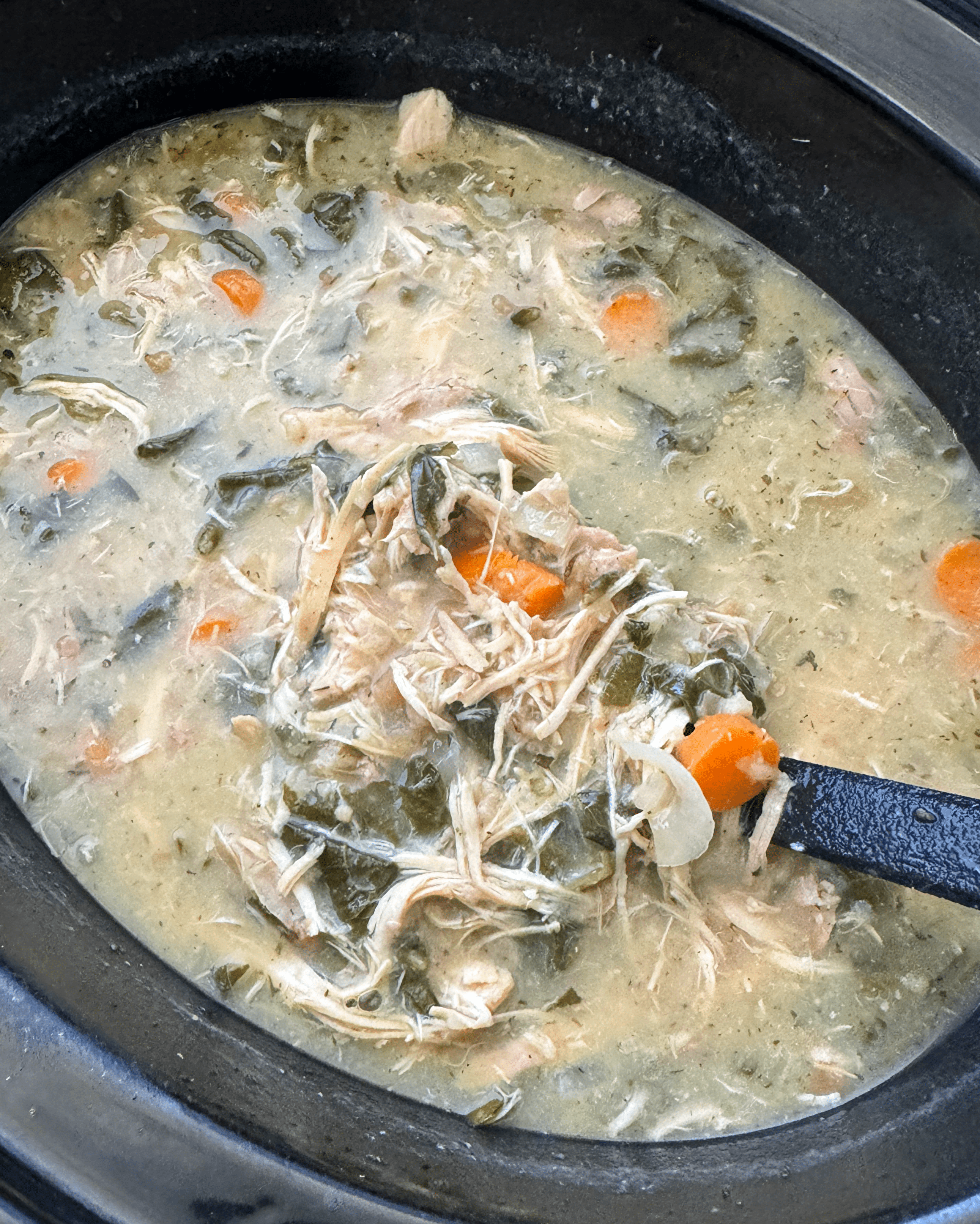 close up shot of Crockpot Leftover Holiday Soup in a black slow cooker