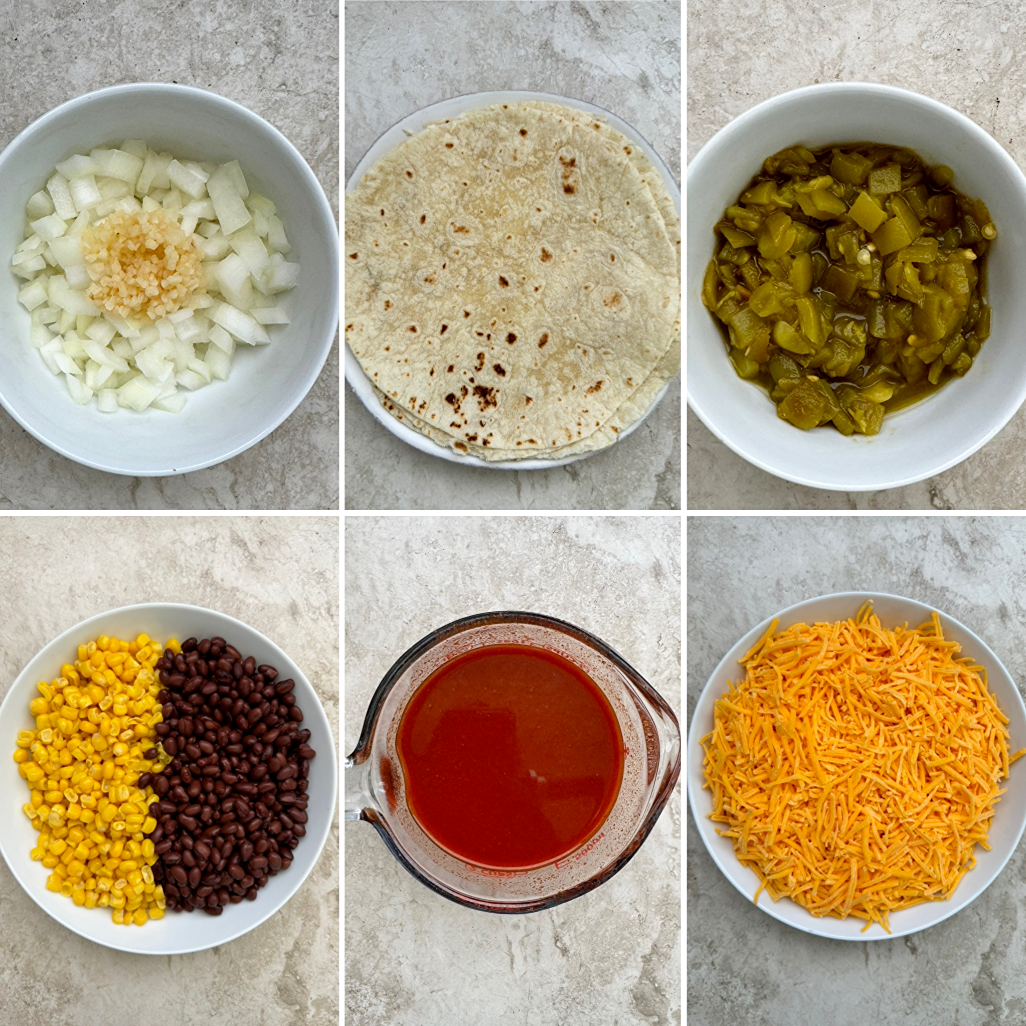 collage of ingredients for slow cooker vegetarian enchilada casserole 