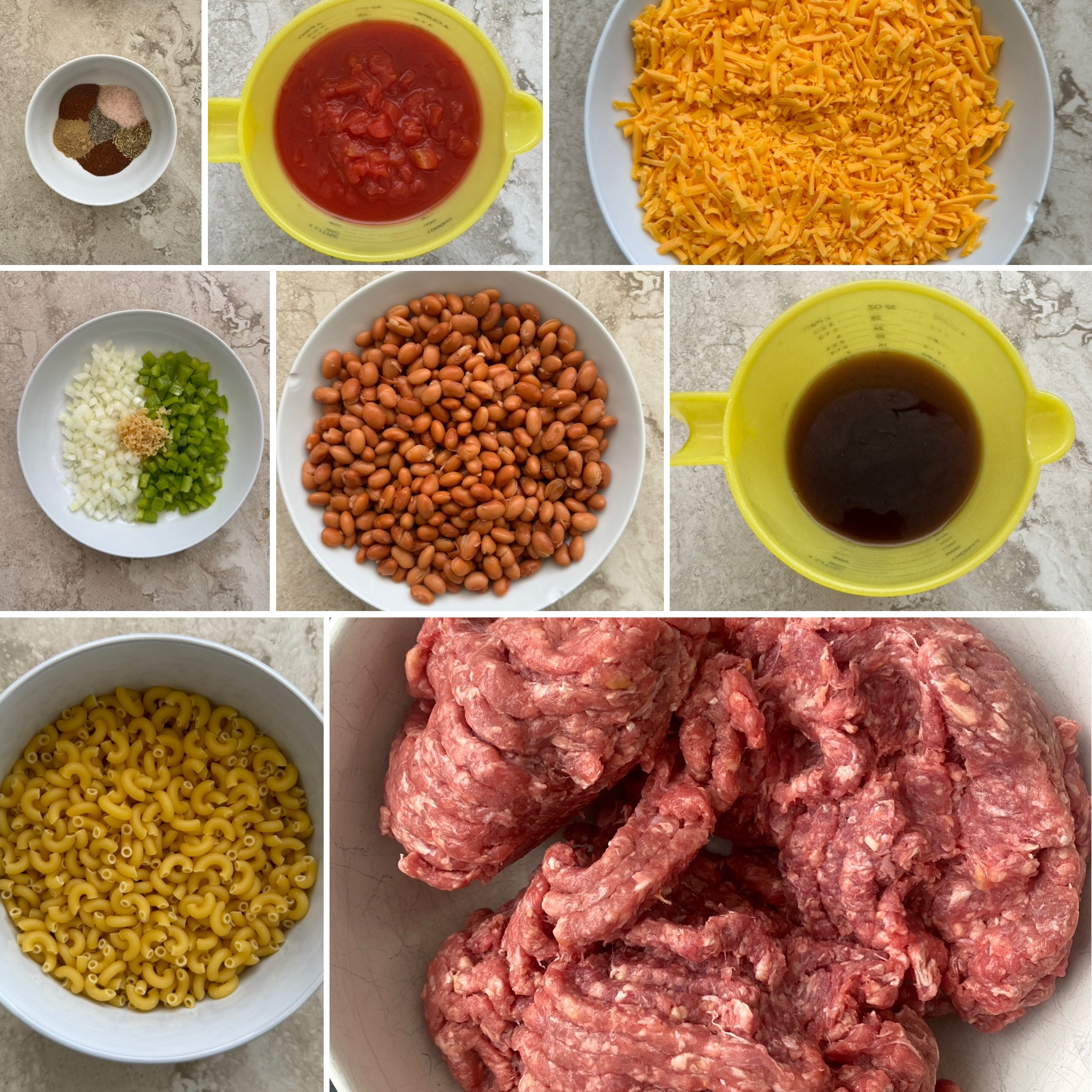 collage of ingredients for Slow Cooker Chili Mac And Cheese