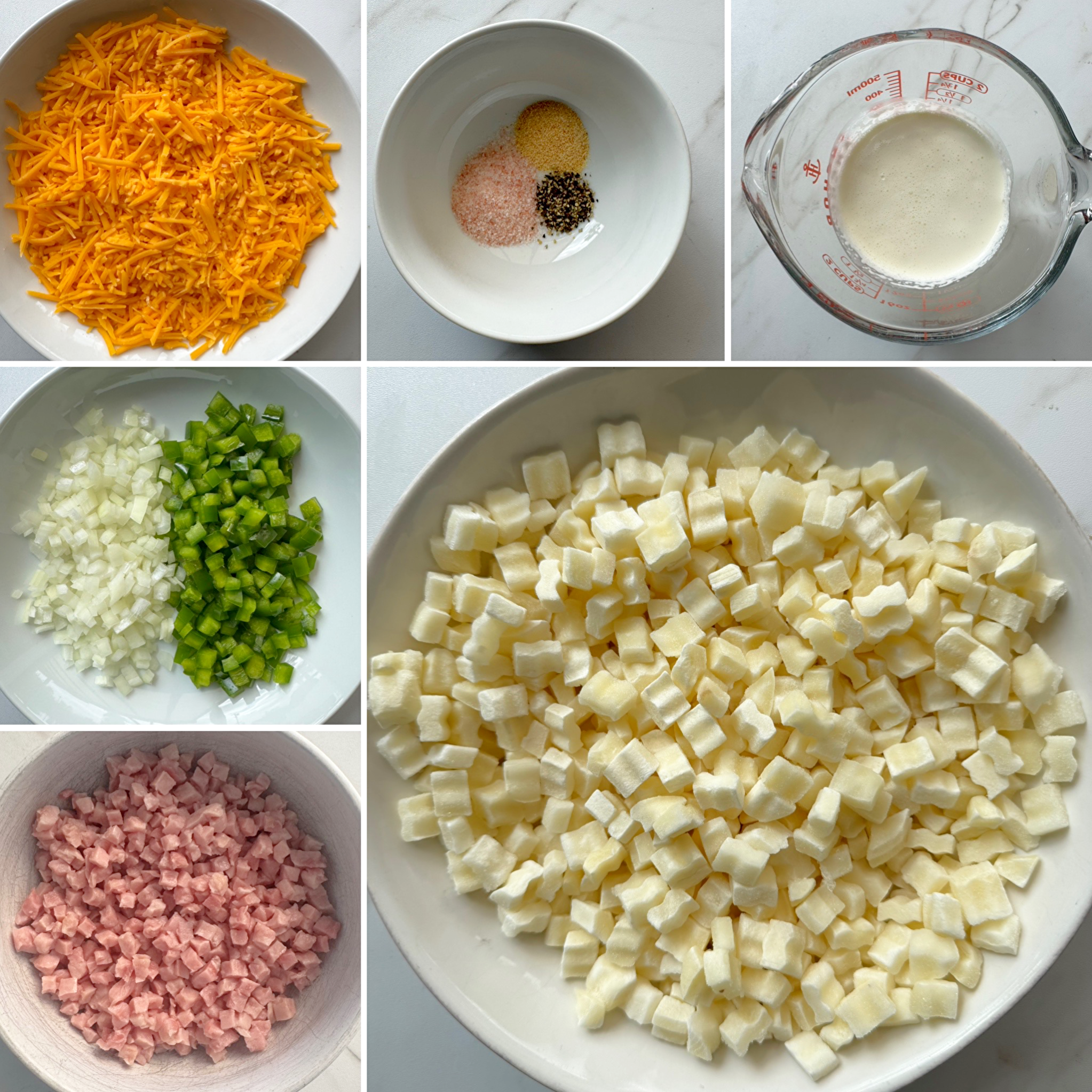 collage of ingredients for overhead shot of cooked slow cooker Cheesy Breakfast Potatoes