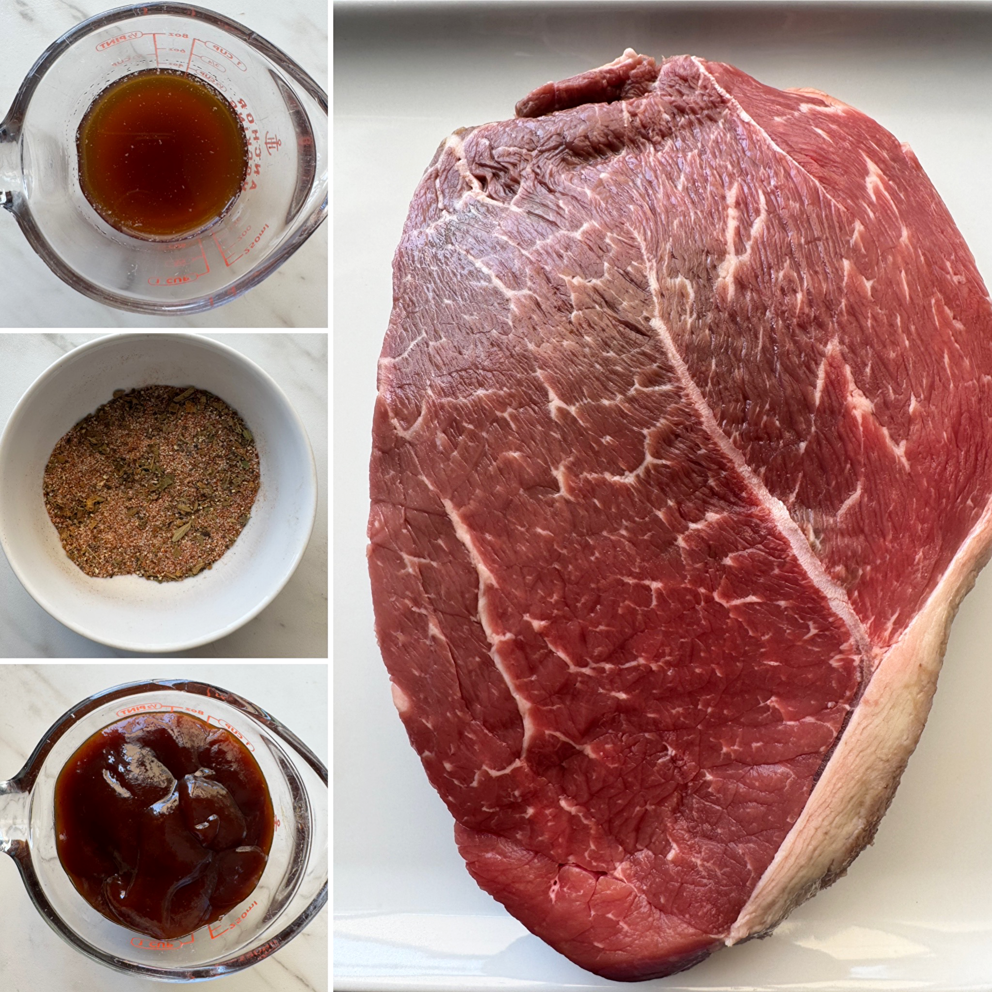 collage of ingredients for Slow Cooker BBQ Shredded Beef
