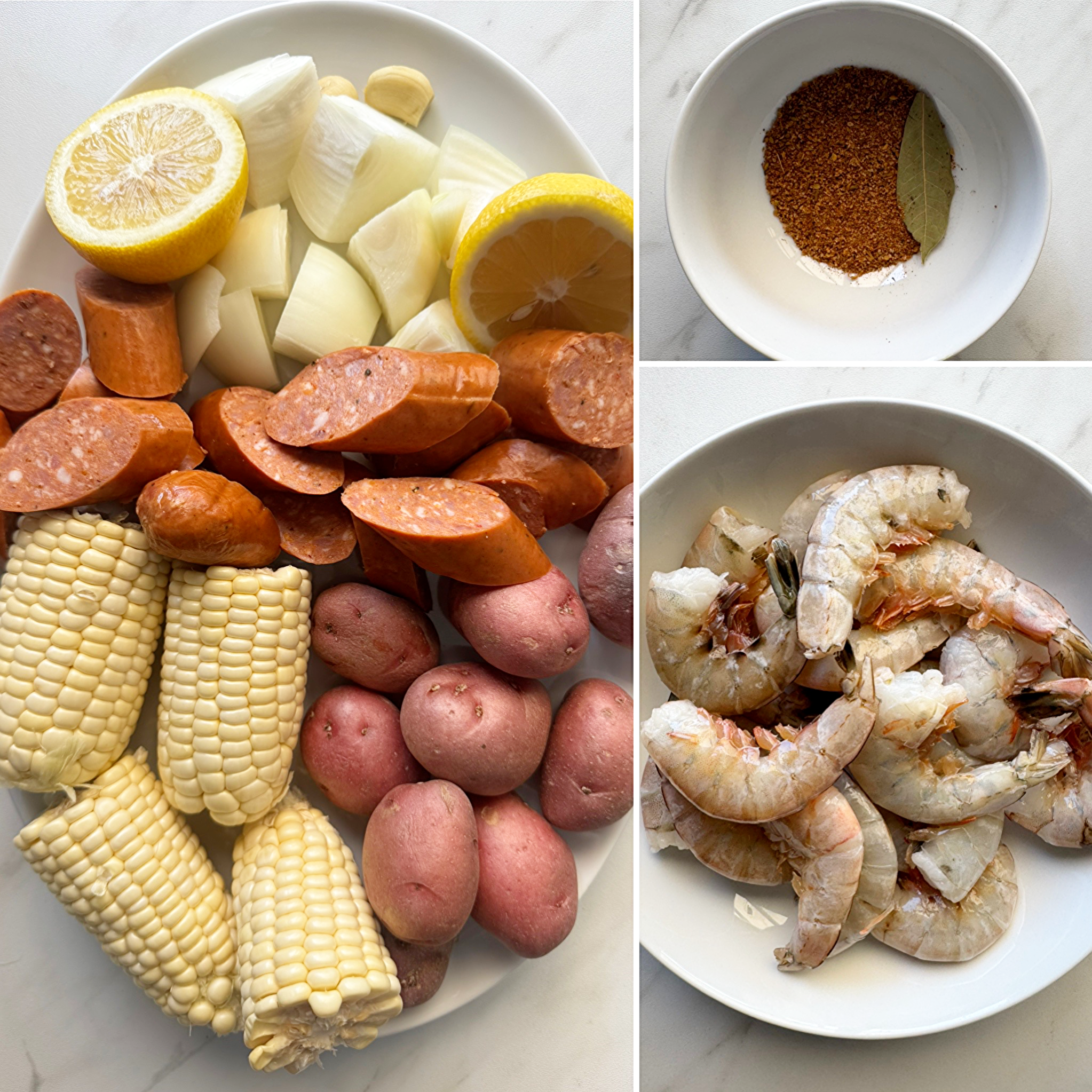 collage of ingredients for slow cooker cajun shrimp boil