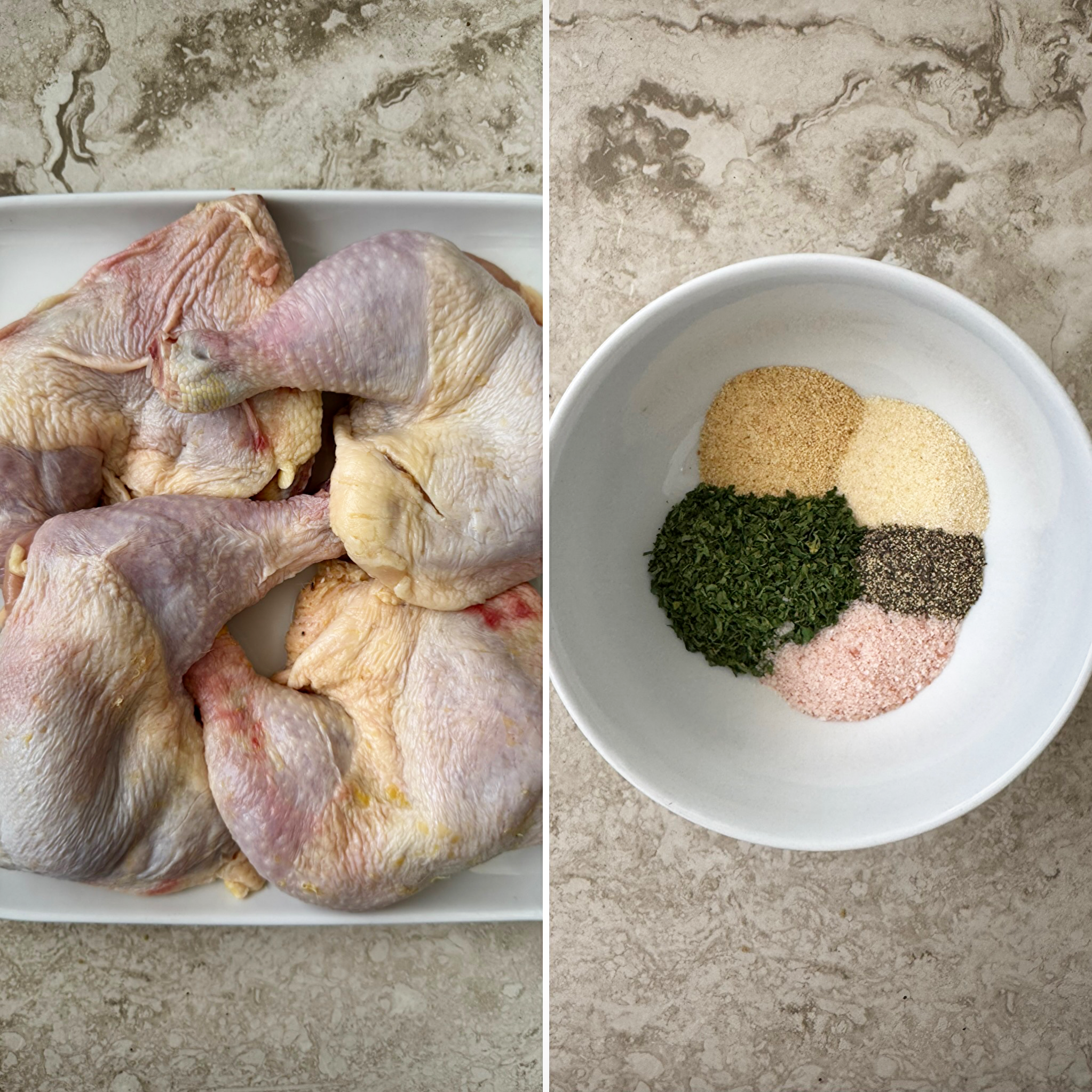 collage of ingredients for slow cooker chicken leg quarters 