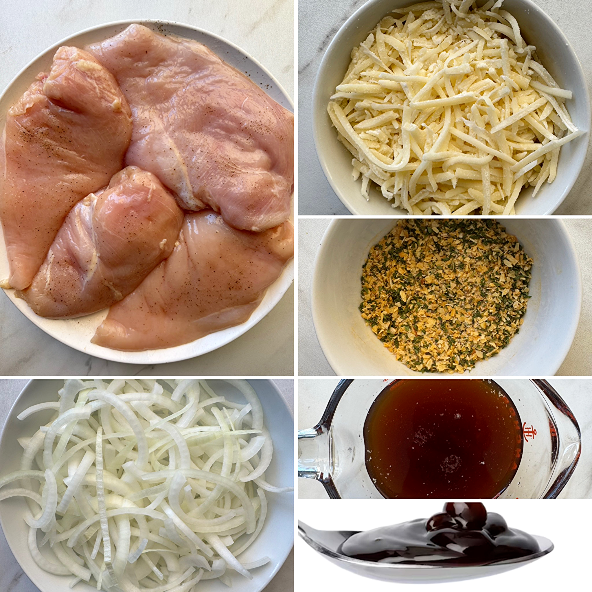 collage of ingredients for Crockpot French Onion Chicken 