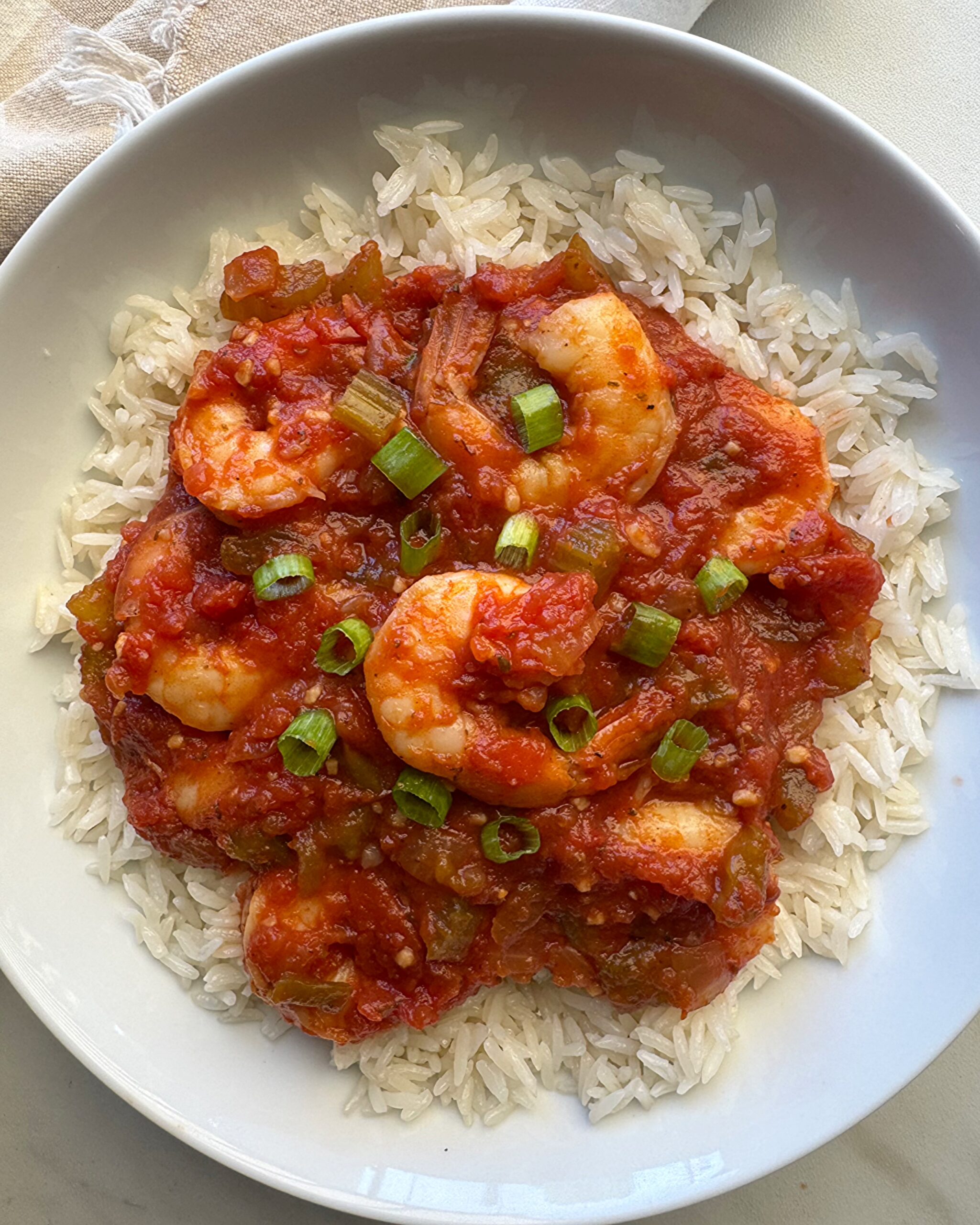 overhead shot of cooked shrimp Creole on a white plate garnished with green onions