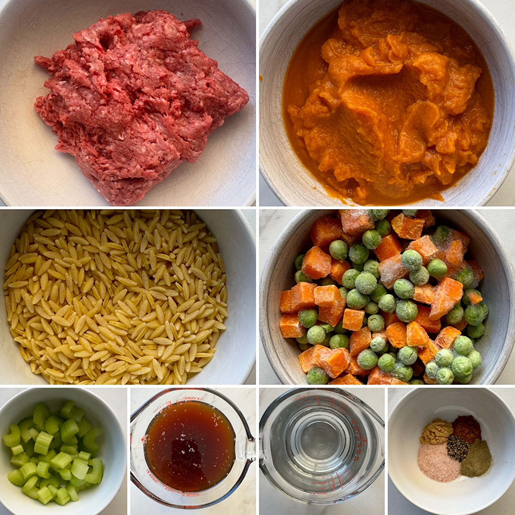 collage of ingredients for Crockpot Beef Pumpkin Orzo Soup 