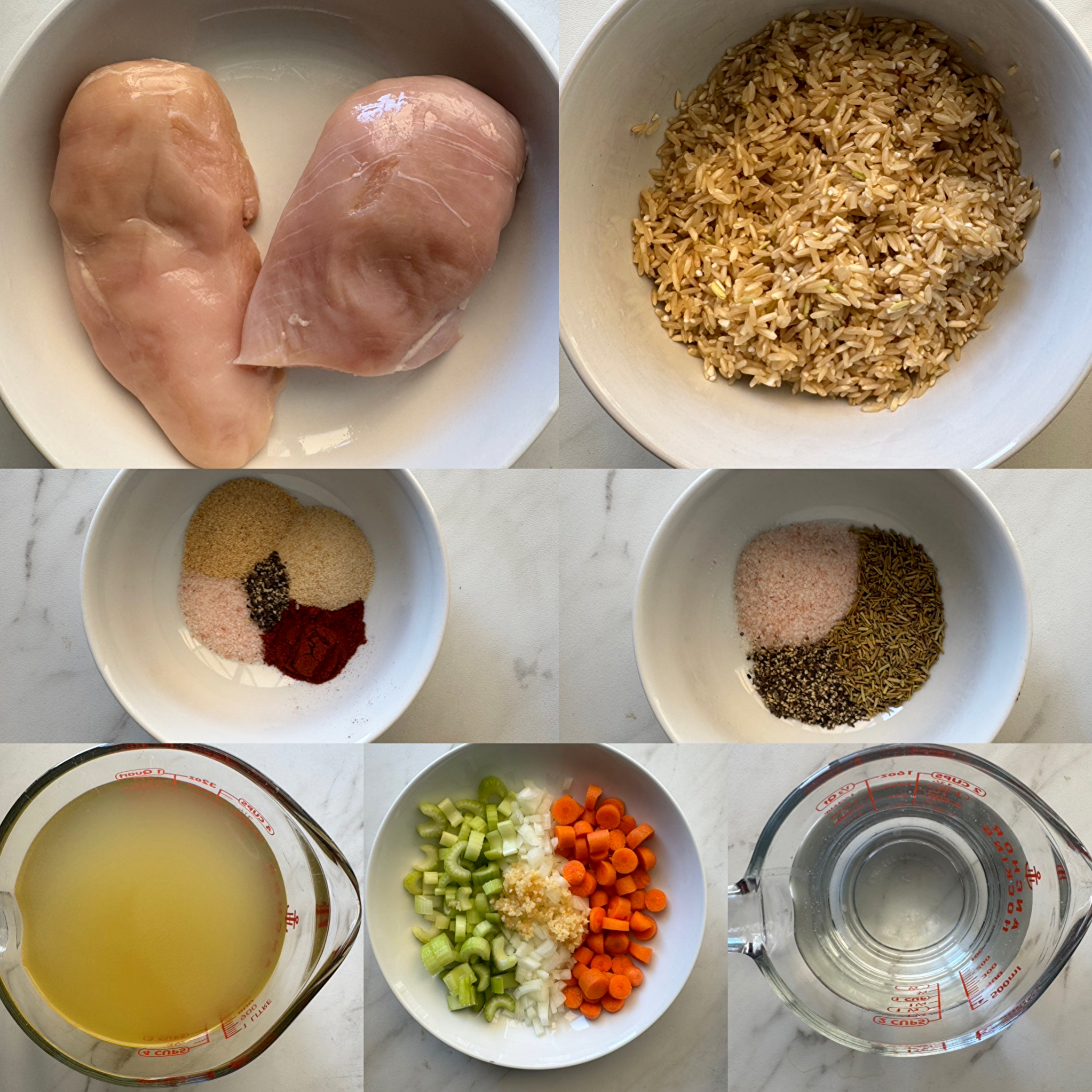 collage of ingredients for slow cooker chicken and rice