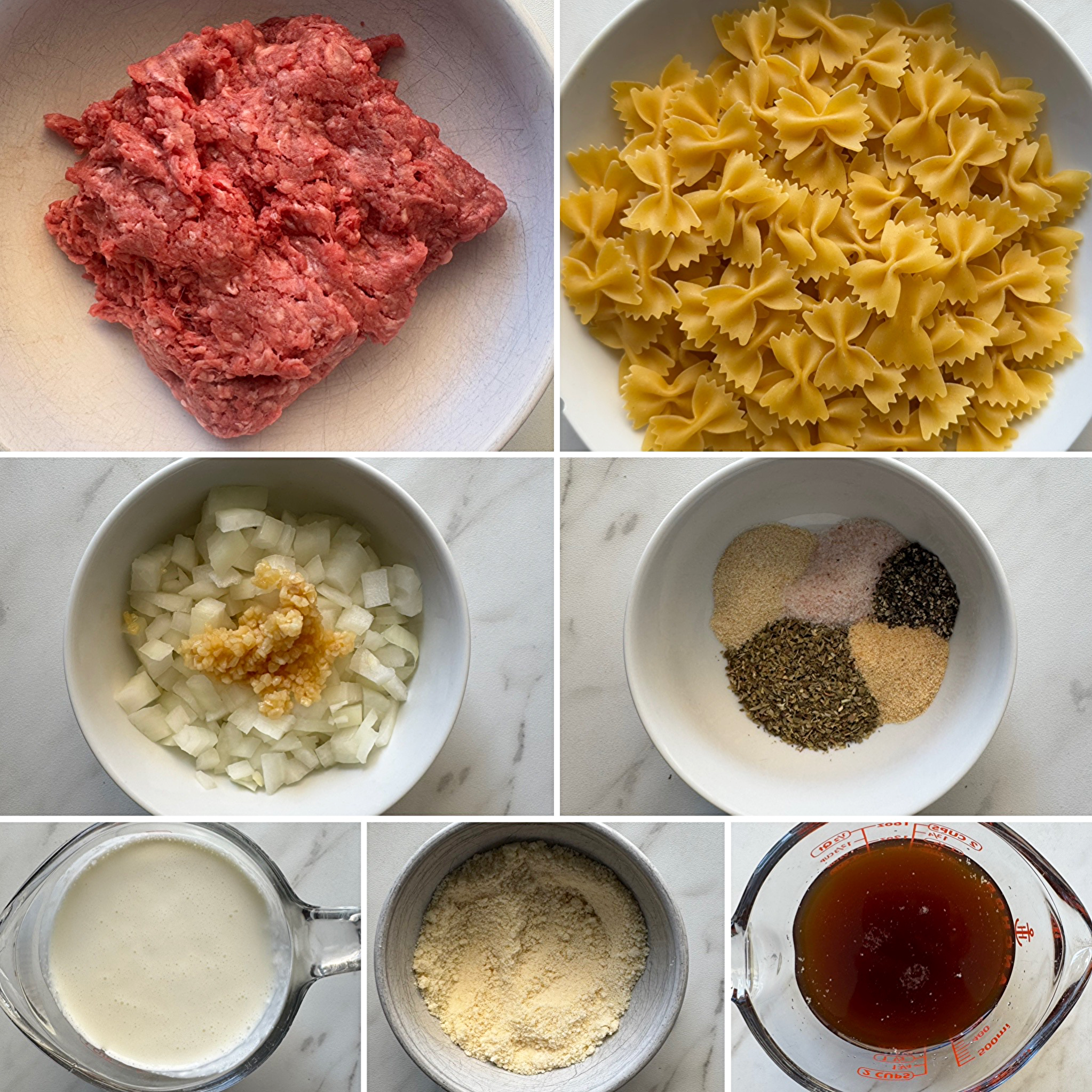 collage of ingredients for Crockpot Creamy Ground Beef Pasta