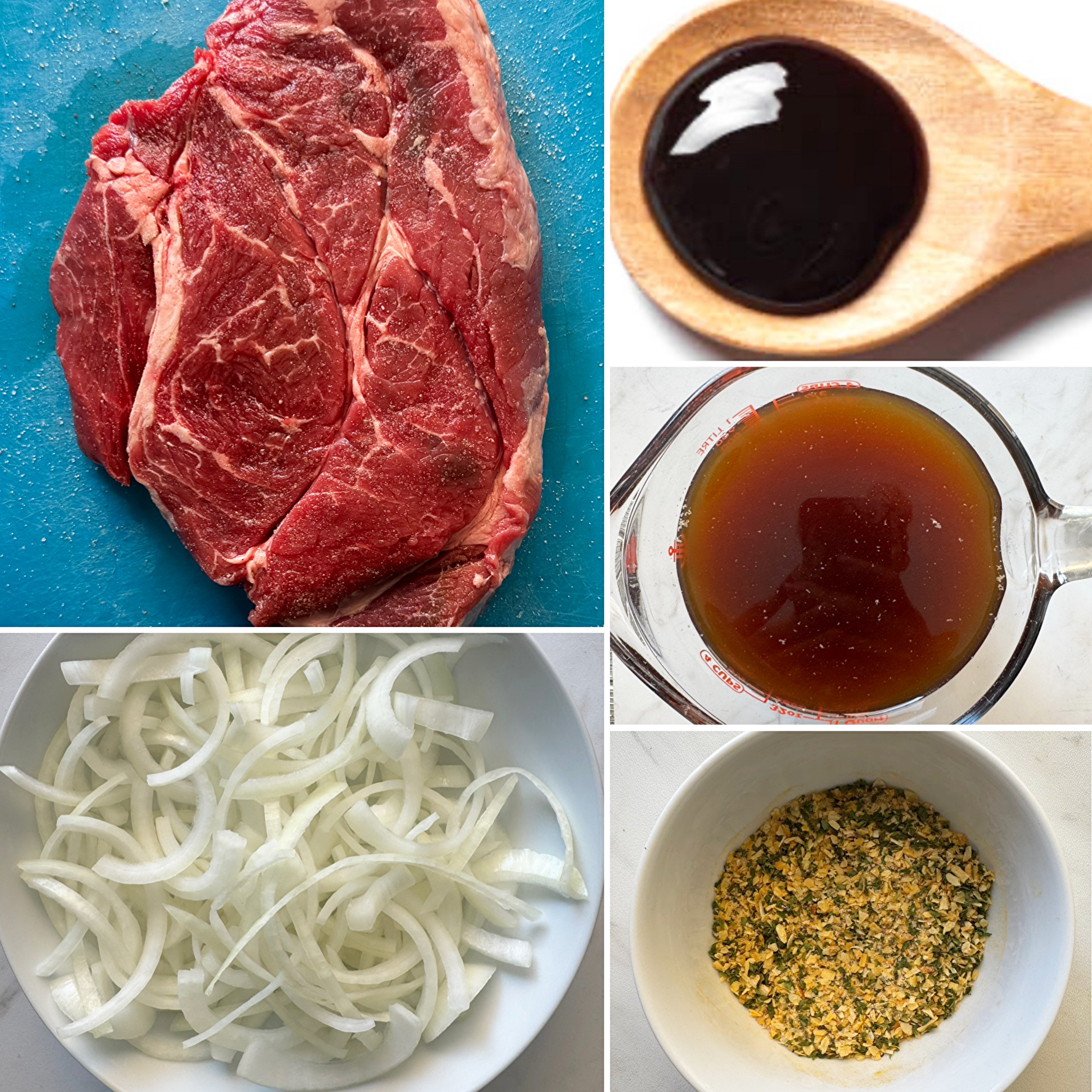collage of ingredients for Crockpot French Onion Pot Roast