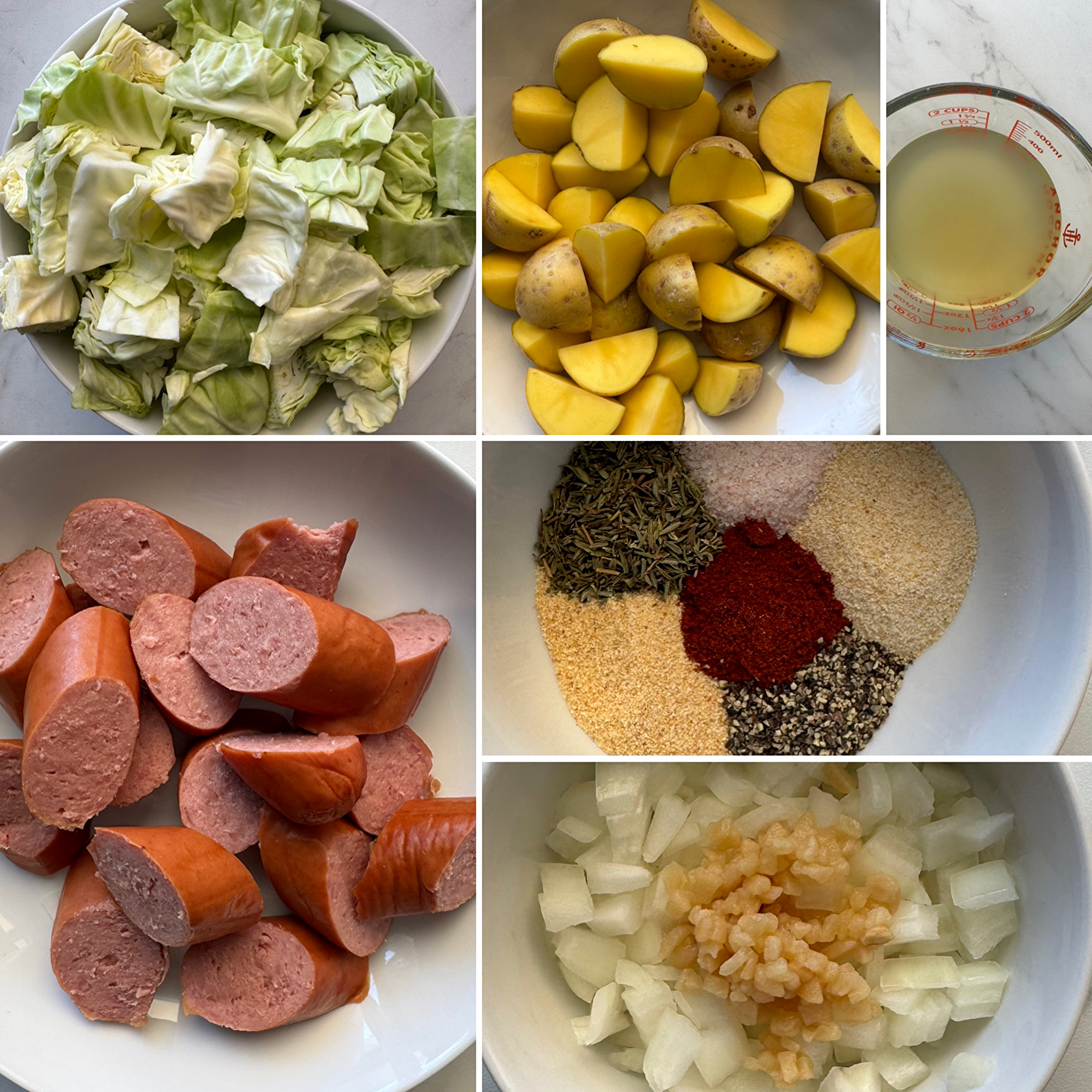 collage of ingredients for cabbage sausage potatoes 