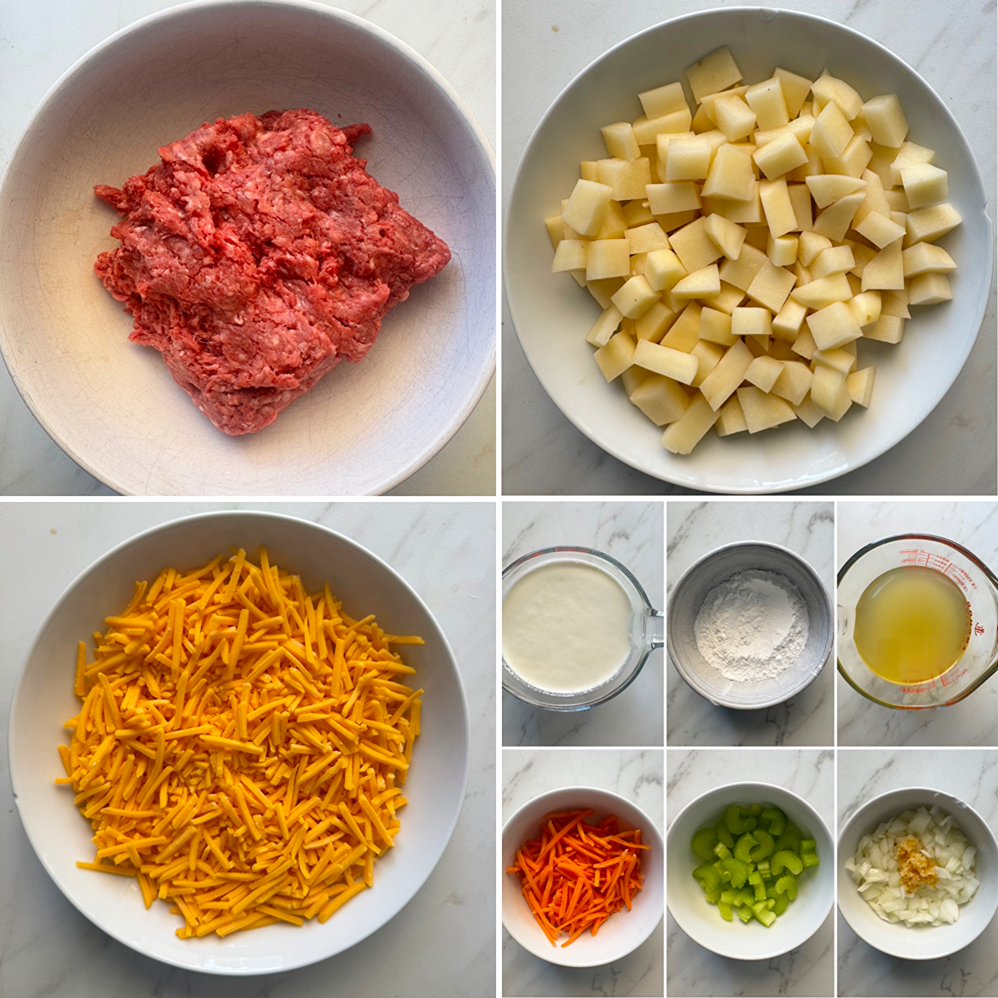 collage of ingredients for slow cooker cheeseburger soup